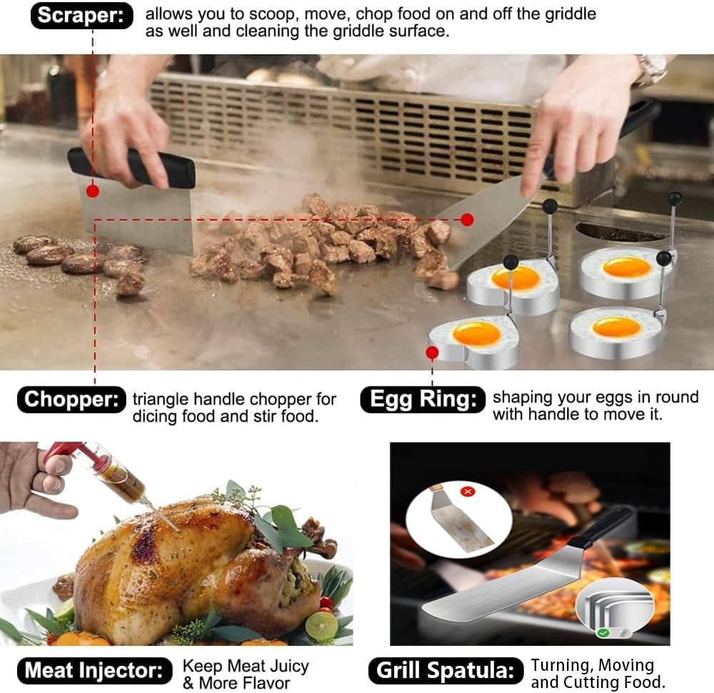 43Pcs BBQ Grill Tool Set, Stainless Steel Griddle Accessories Kit, Flat Top Grill Accessories Set, Spatula Set for Outdoor Barbecue Family Parties and Picnics,Outdoor,Plancha Grill image number 6