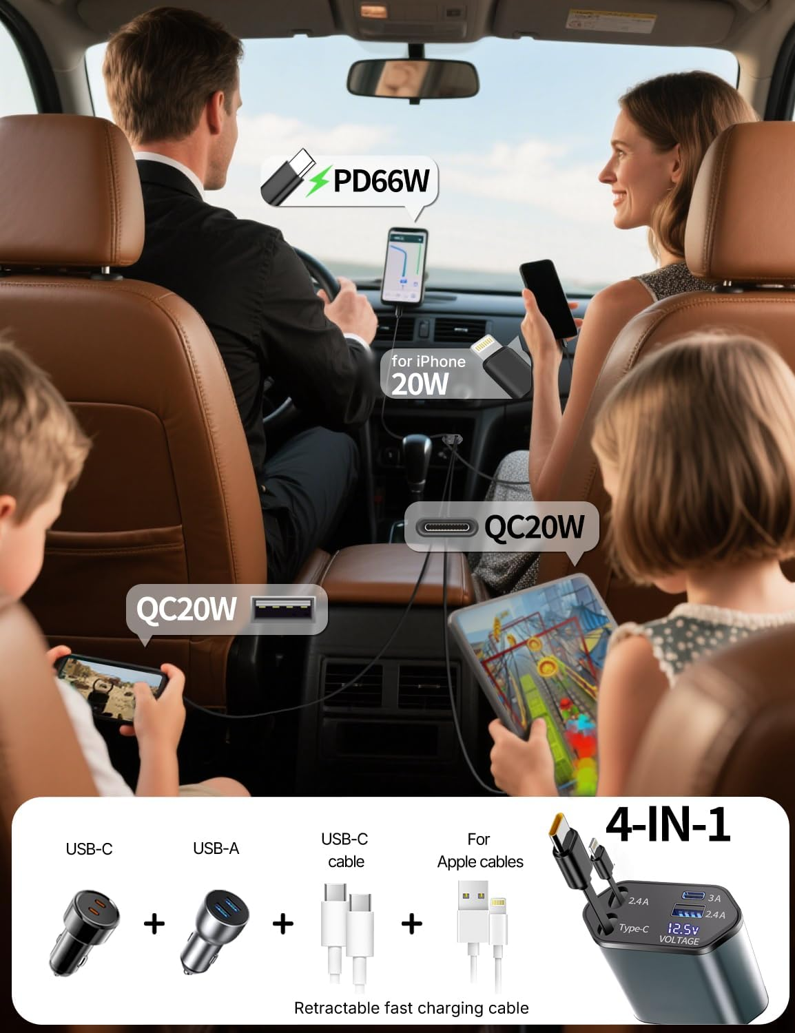 Retractable 120W USB-C Car Charger, 4 in 1 Cigarette Lighter Adapter W/Voltage Display, Type-C 100W + Lightning 20W Fast Charging, for Iphone 16 15 14 13 12/Ipad/Android, DC12/24V Vehicles image number 1