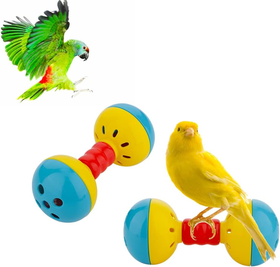 DQITJ 2 Pcs Bird Barbell Dumbell Foot Toy, Enrichment Rattles Bells Foot Toy for Small Bird Parrot Parakeet Cockatiel Conure Love Birds image number 1