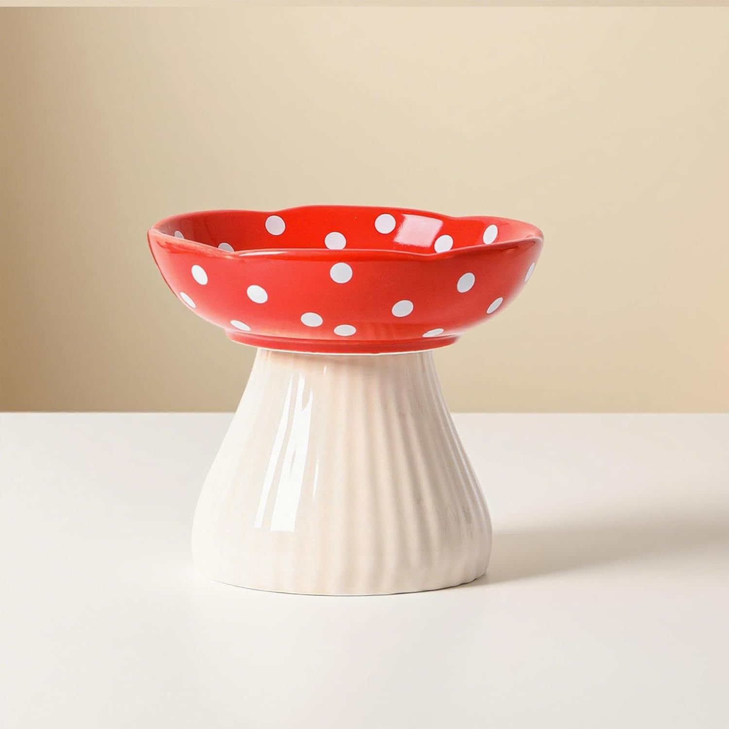 Ceramic Raised Mushroom Cat Bowl, Elevated Pet Feeder Bowls, Raised Dog Dish for Food and Water, Red 15 Cm Wide for Adult Cats, Small Dog and Puppy (Yellow)