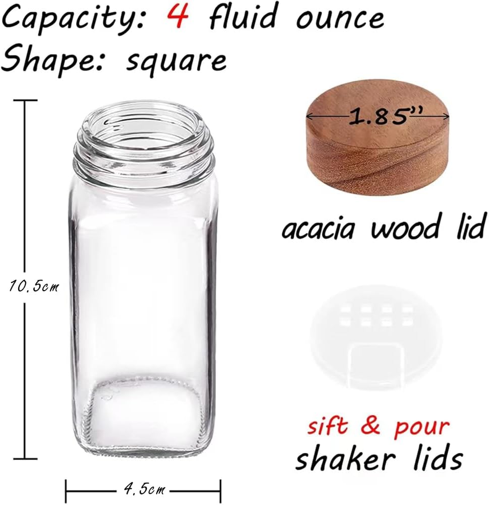 24Pcs Spice Jars,Glass Spice Jars with Labels,120 ML Square Spice Containers with Acacia Wood Lids,Kitchen Spice Jars with Shaker Lids for Spice Rack, Cabinet or Drawer image number 1