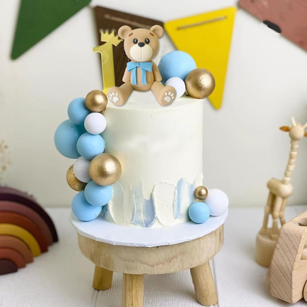 33 PCS Bear Cake Toppers Bear Balls Cake Decorations with Stars Clouds Cake Toppers for Boy Girl Baby Shower Birthday Party Decorations (Blue Ball Bear) - Pastel image number 7