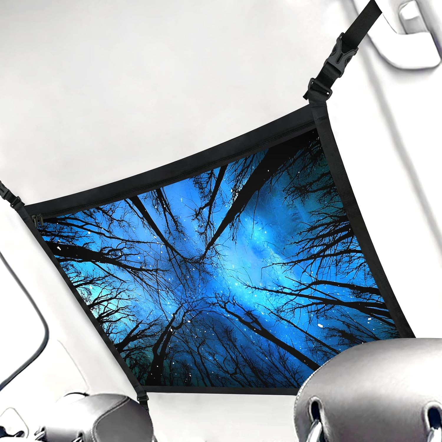 Blue Starry Night Sky Fantasy Trees Car Ceiling Cargo Net Large Storage Pocket 31.5"X23.6" Adjustable Roof Double Layer Net Strengthen Loadbearing Storage Organizer for SUV Trip Camping - Blue Butterfly Print image number 6