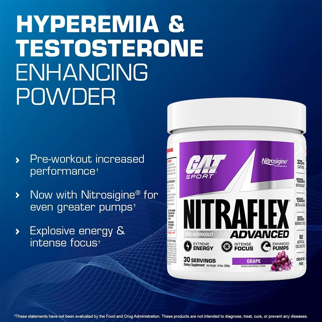 GAT Clinically Tested Nitraflex, Testosterone Enhancing Pre Workout, Grape, 300 Gram image number 2