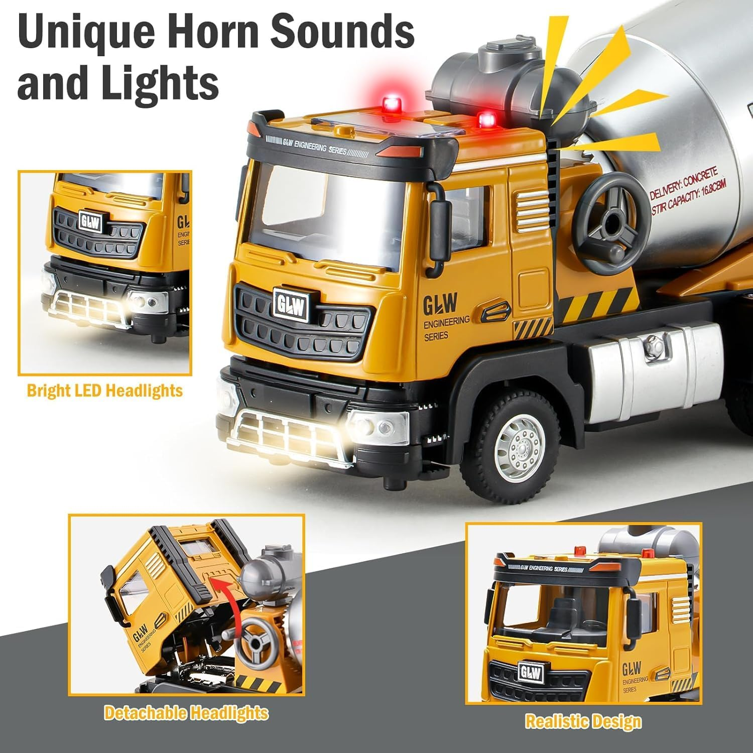 Uandhome Construction Cement Mixer Toy Truck for Boys,Alloy Realistic Pull Back Truck with Lights and Sound, Perfect Birthday for Toddlers Kids Ages 3-8 (Cement Mixer Truck) - Exacavator Truck image number 7