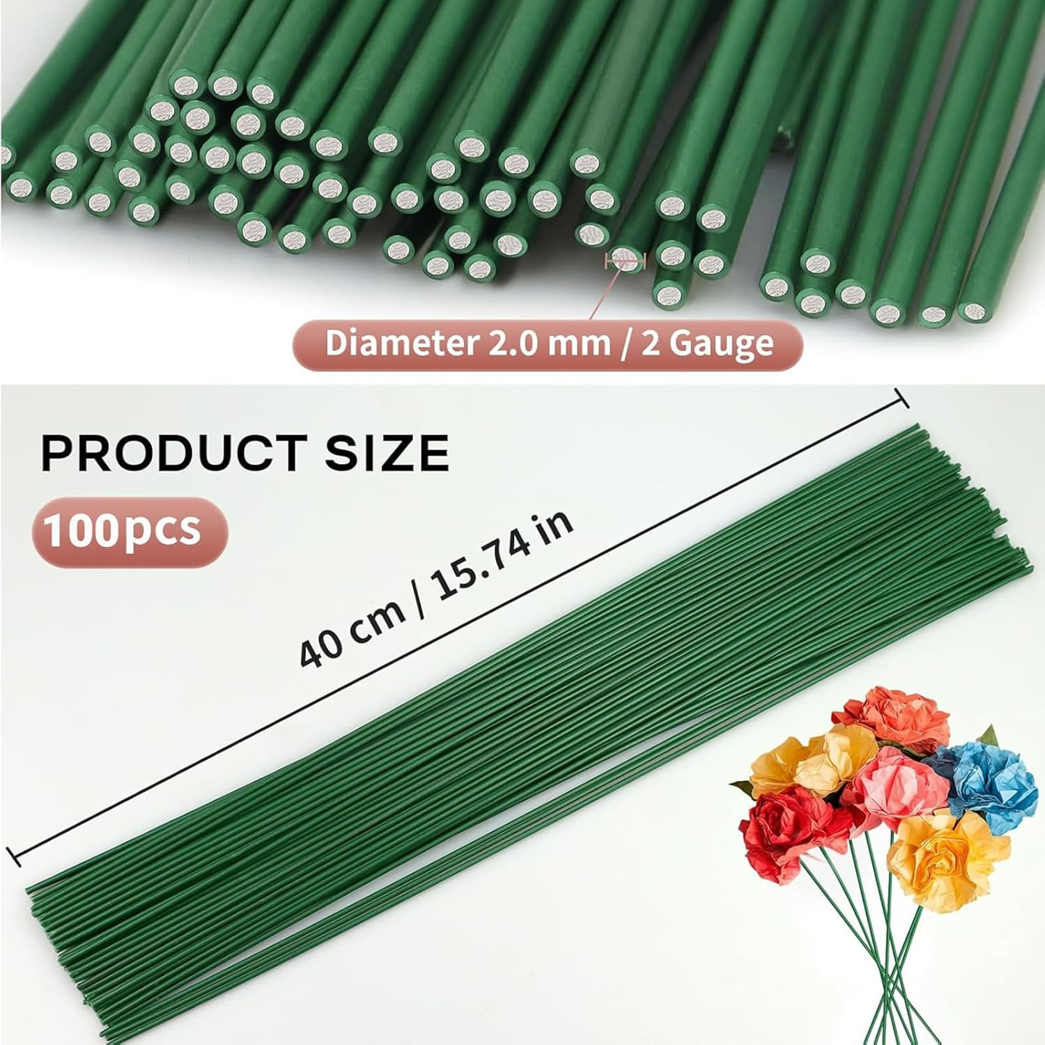 JOWILIN 100 Pcs 40Cm 2 Gauge Dark Green Floral Stems Wire with 2 Rolls Floral Tape, 2Mm Crafting Flower Plastic Wrap Stem for Artificial Flowers Making, DIY Crafts Bouquets, Climbing Plants Support image number 2
