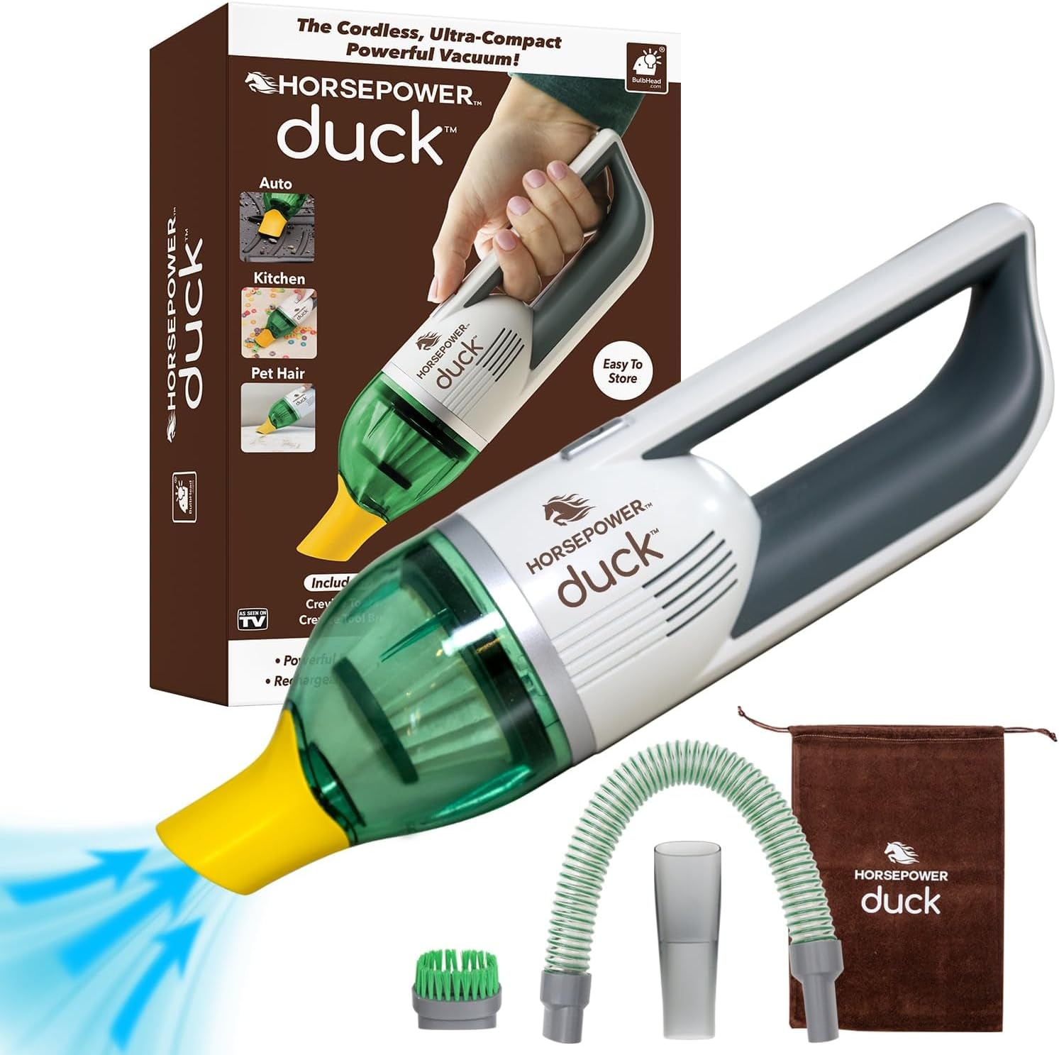 Duck Compact Cordless Vacuum by Horsepower, Ultra-Powerful, Strong Suction, AS-SEEN-ON-TV, Easy to Store, Rechargeable. Home, Auto, Pet Hair, Fits in Tiny Crevices, Includes Hose, Crevice Tool & Brush