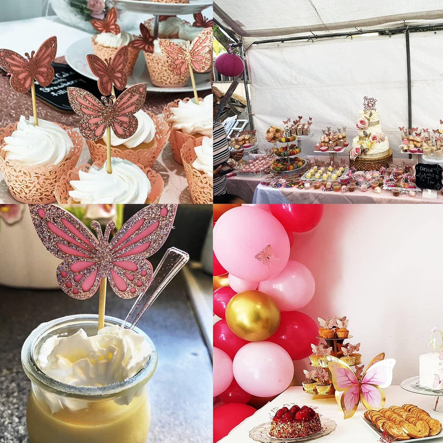 Yueton 24PCS 3D Butterfly Cupcake Toppers Double Layers Glitter Butterfly Cake Toppers Cake Decorations Butterfly Cupcake Picks Cocktail Picks for Theme Party Birthday Wedding Baby Shower Supplies image number 5