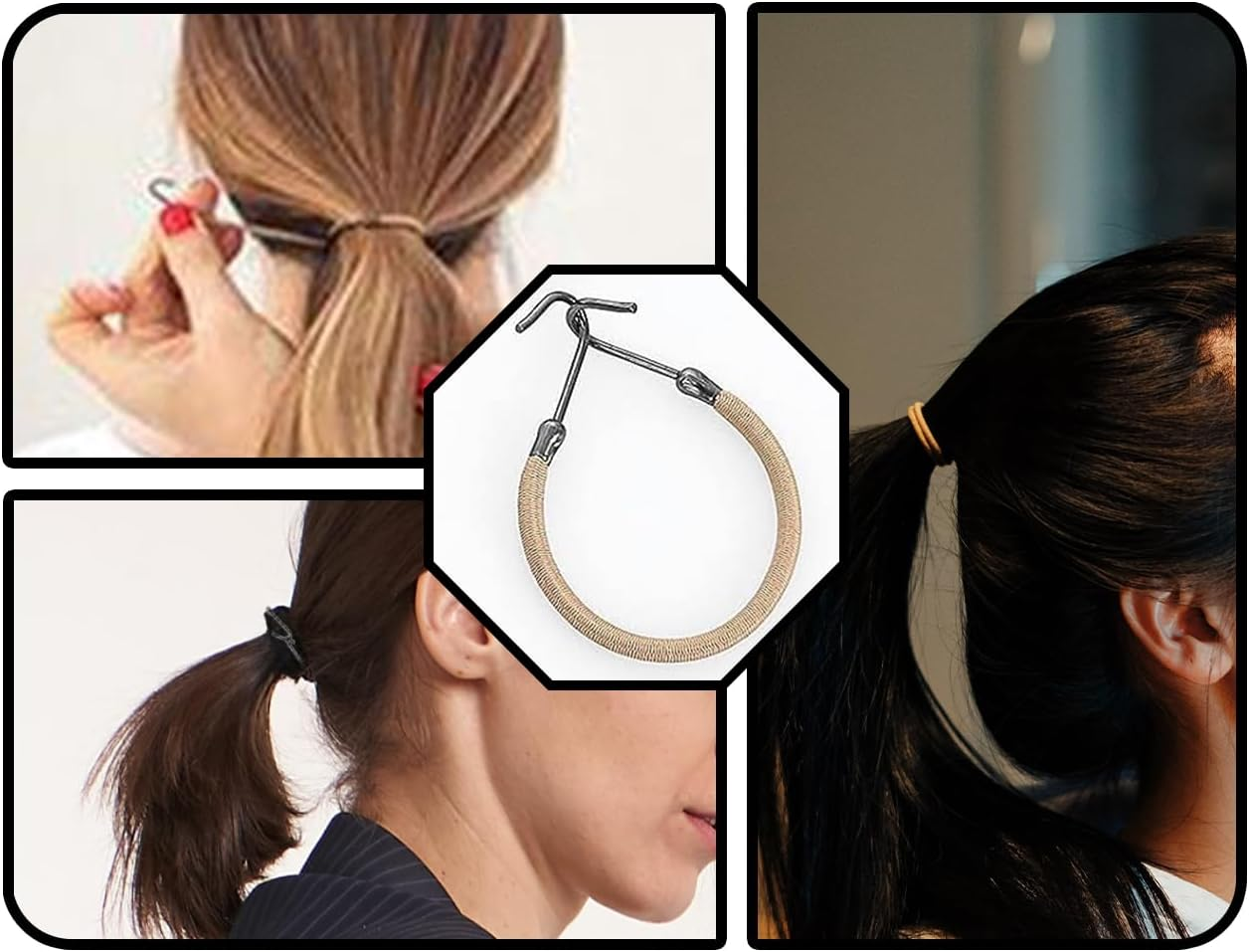 KAPSING Pack of 3 Elastic Hair Bobbles with Hooks, Elastic Hook Hair Scrunchie Bungee, Adjustable Ponytail Holder, Suitable for Most Hairstyles image number 3