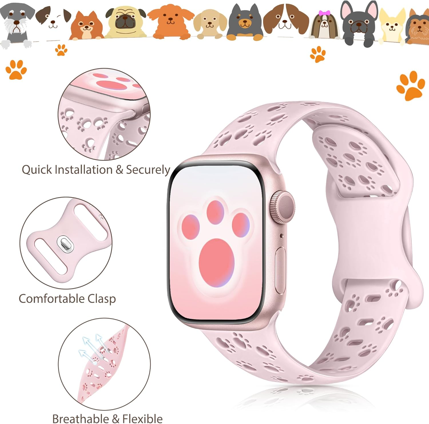 Ocaer Compatible with Apple Watch Strap 49Mm 46Mm 45Mm 44Mm 42Mm 41Mm 40Mm 38Mm, Soft Cute Silicone Bands for Iwatch Series 11 10 9 8 7 6 5 4 Ultra 3 SE 3 2 1, Fancy Dog Paw Printed Bracelet, Women