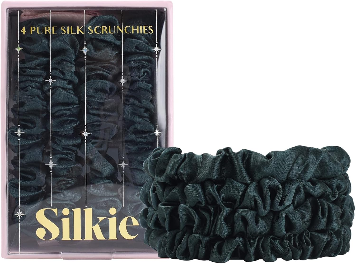 SILKIE 100% Pure Mulberry Silk Scrunchies Set of 4 Brown Travel Pouch Hair Care Elastic Hair Ties Ponytail Holder