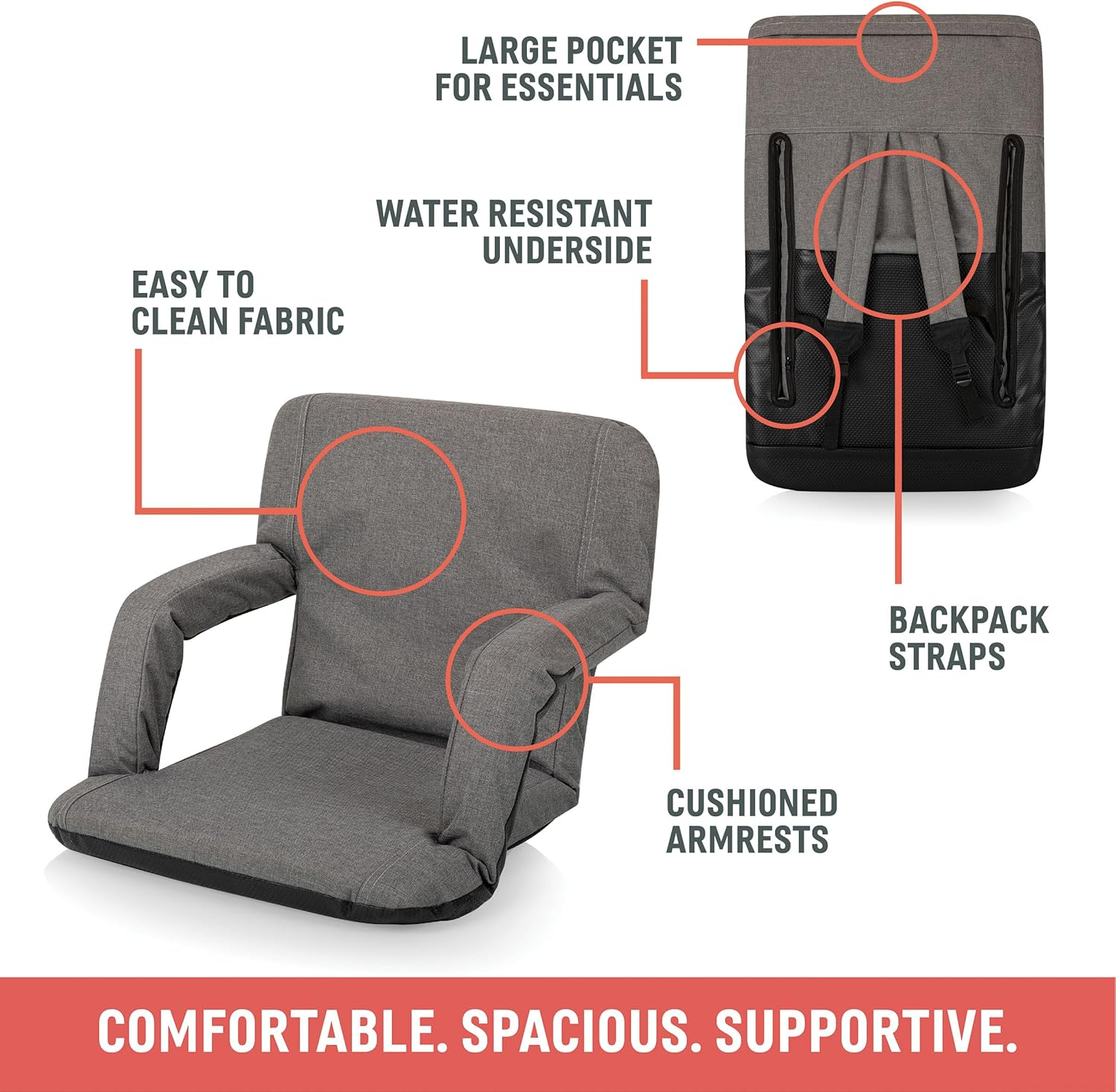 ONIVA - a Picnic Time Brand - Ventura Reclining Stadium Seat with Back Support, Bleacher Seat - Hunter Green image number 3