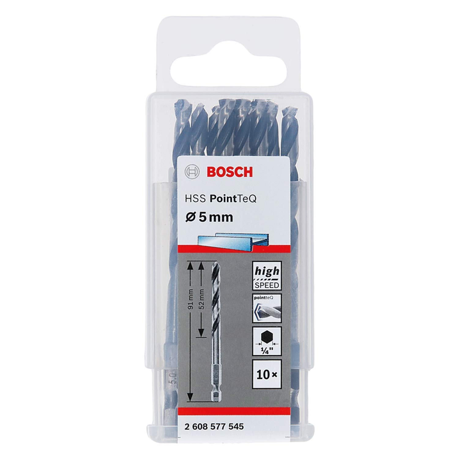 Bosch Professional 10Pc Pointteq Hex Drill Bit (For Metal, &Oslash;: 5.0 Mm, Total Length: 91 Mm, &frac14;&rsquo;&rsquo; Hex Shank, Accessory for Impact Drivers and Drill Drivers) image number 1