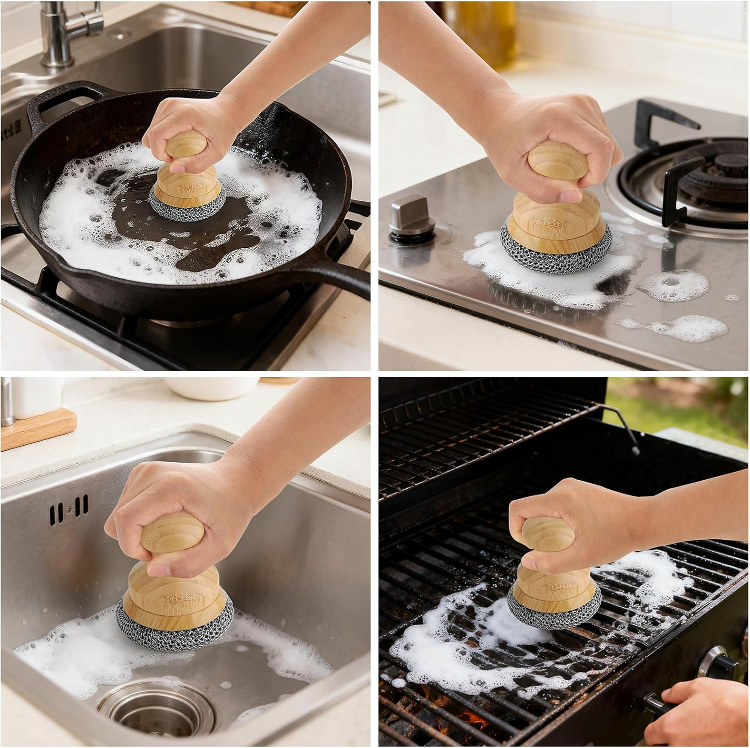 Beeptrum Cast Iron Scrubber and Scraper,Chain Mail Cleaner with Bamboo Handle & Draining Tray,316 Stainless Steel Brush for Cleaning Pots,Pans,Wok,Bakeware,Griddles, Grills,Dishes (Small Chain Mail) image number 6