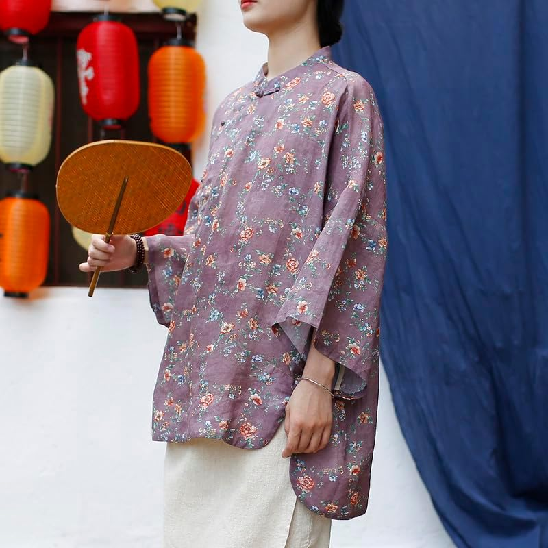 Women'S Vintage Chinese Style Linen Shirt Loose Fit Stand Collar Frog Button Top Blouse - Style C image number 5