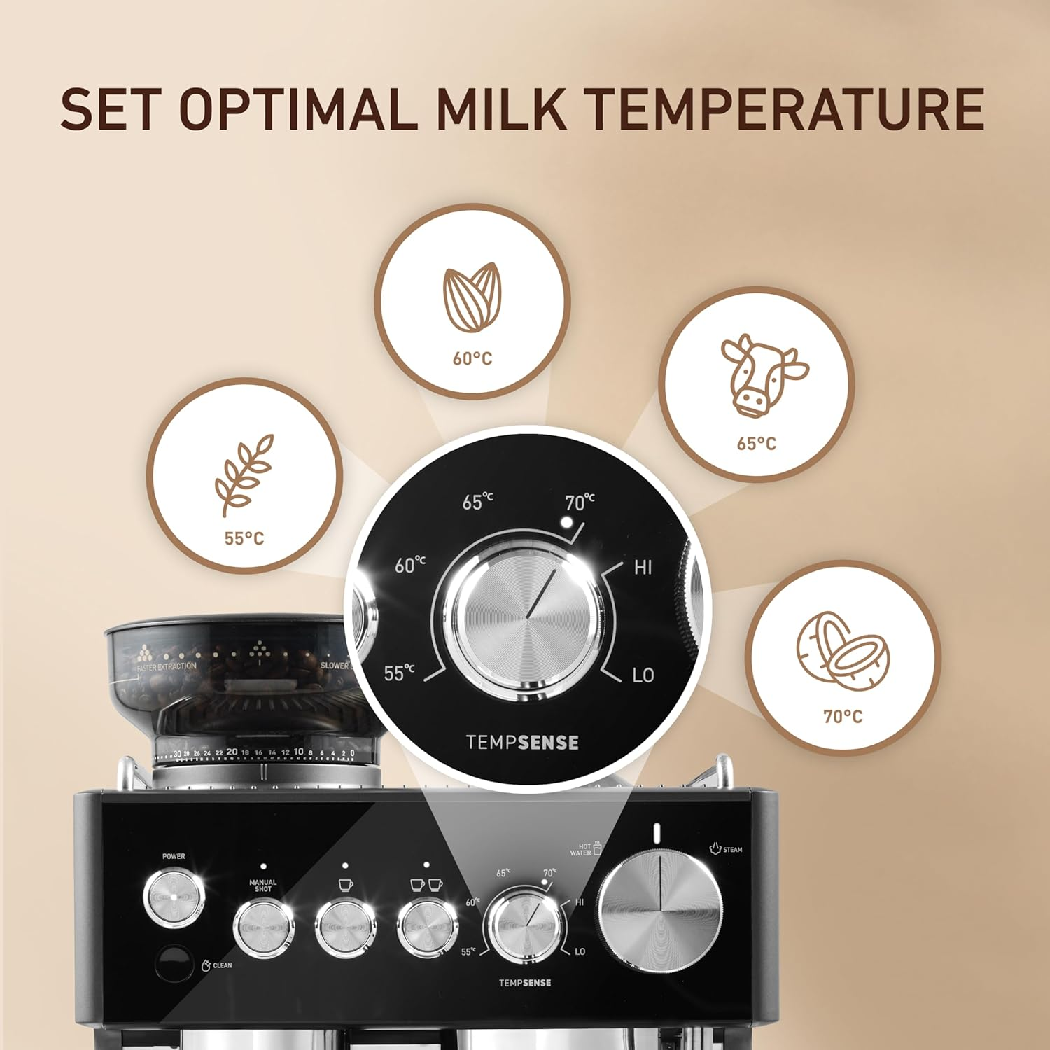Sunbeam Origins Sense Espresso Machine | 4 Steam Settings with Tempsense Steam Auto Shut Off, Coffee Machine Anti-Static Technology for Less Mess Grinding, One-Button Cleaning, Graphite EMM6500GR image number 3