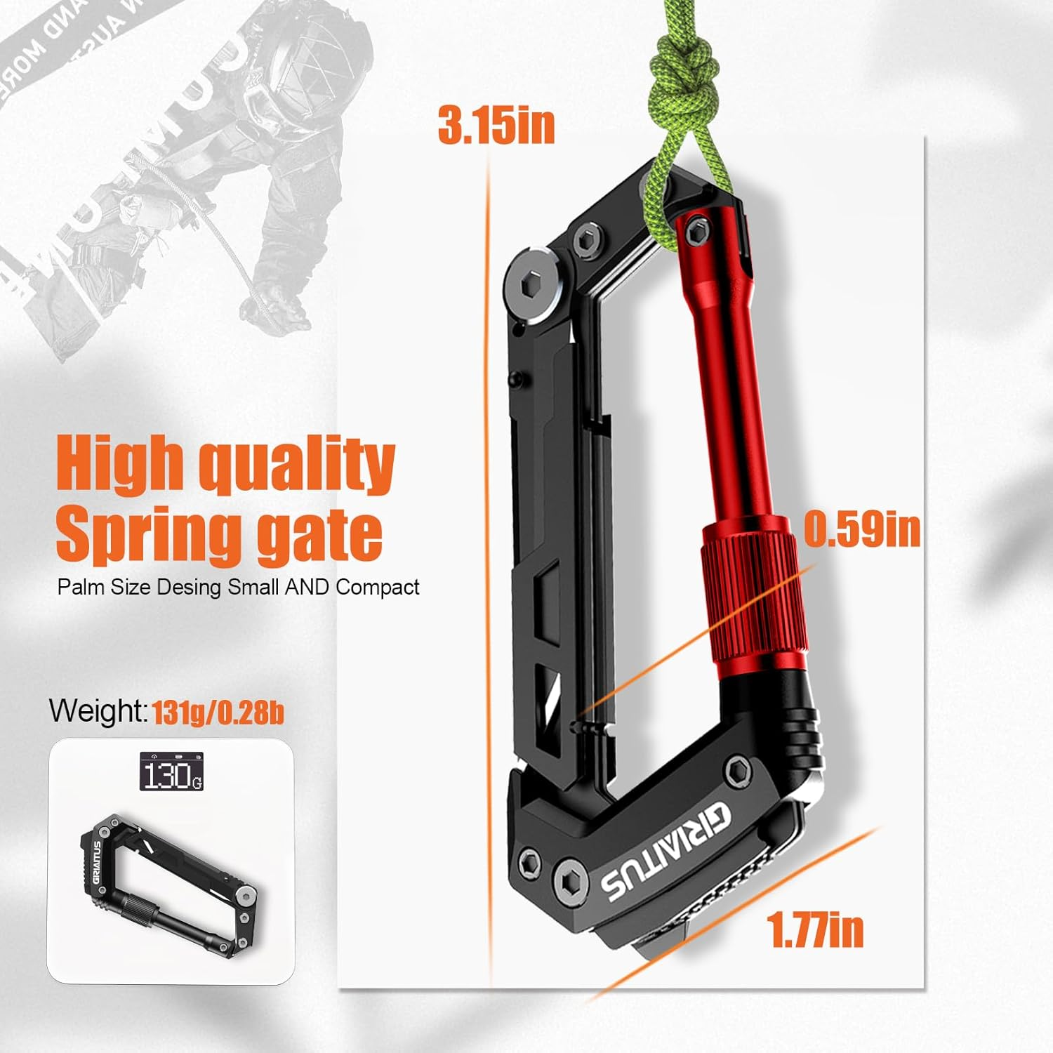 Carabiner Multitool 8-In-1 EDC Carabiners Pocket Knife, Serrated Knife, Rope Cutter, Screwdriver, Can Bottle Opener, Ruler, Survival Gear for Camping Climbing(Red) - Red image number 3