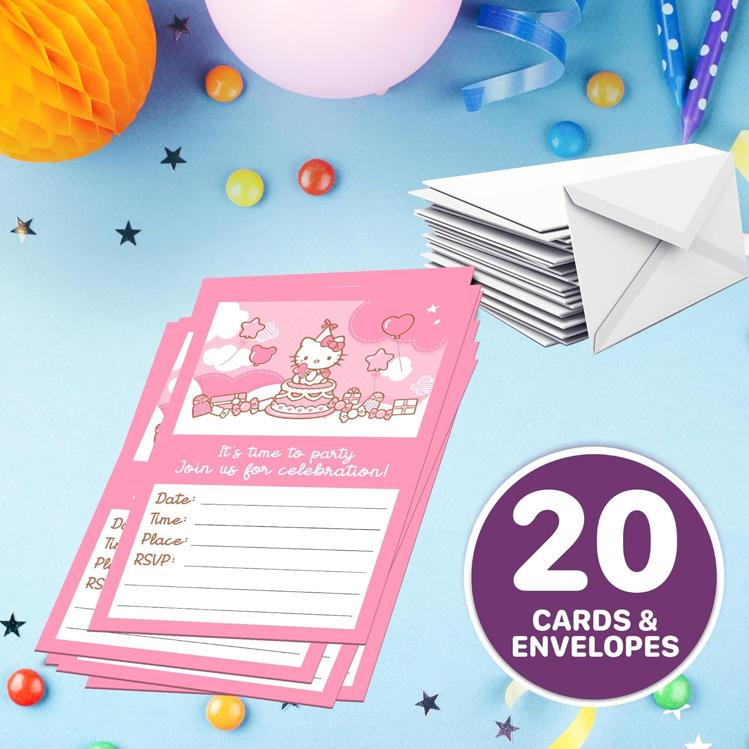 Set of 20 Hello Kitty -Themed Happy Birthday Invitation Cards & Envelopes - Lightweight (240G), Postcard Style Invites for the Perfect Party Pack image number 5