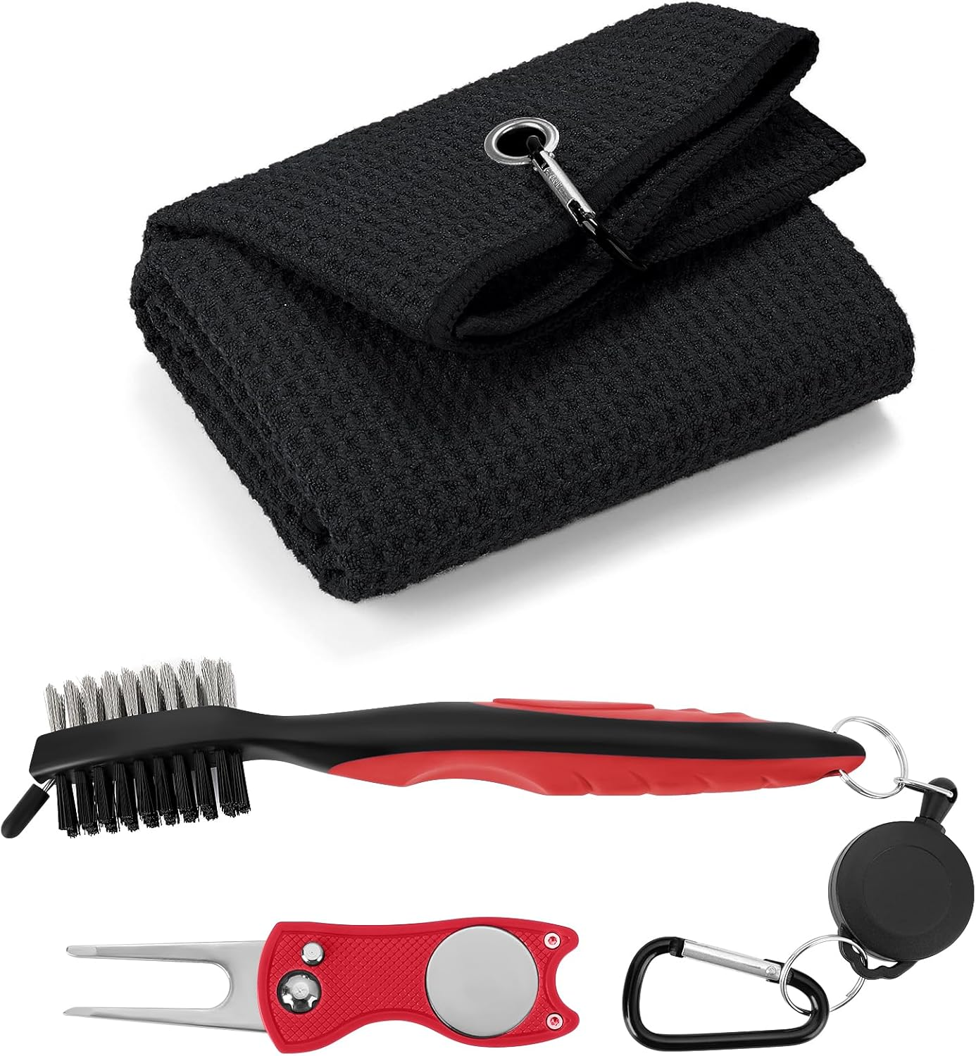 3 in 1 Golf Cleaning Kit, Microfiber Golf Towel with Carabiner, Club Club Brush, Golf Divot Repair Tool with Ball Marker, Ideal Golf Accessories