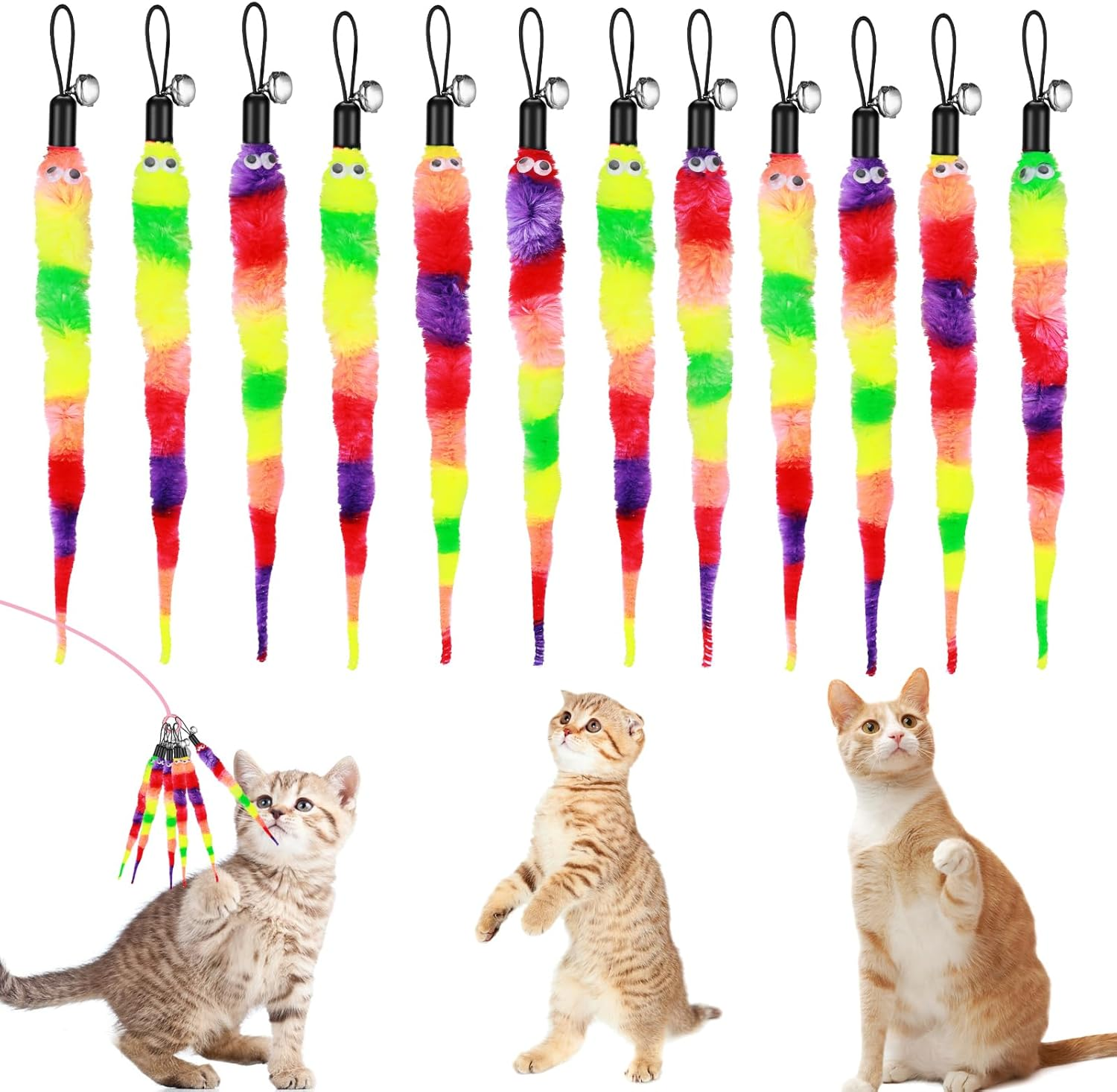 Amaxiu Rainbow Cat Wand Toy - 12Pcs Replacement Refills, Interactive Feather Toys with Bells for Indoor Cats and Kitten Training - Fluffy Worms Accessories image number 4