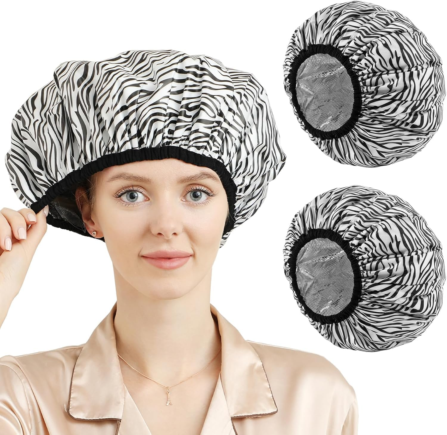 2 Pieces Shower Cap Heat Cap for Deep Conditioning, Conditioning Cap Made of Aluminum Foil for Home and Salon Use, Hair Dyeing and Hot Oil Treatment Tools (Black White Stripes) image number 3