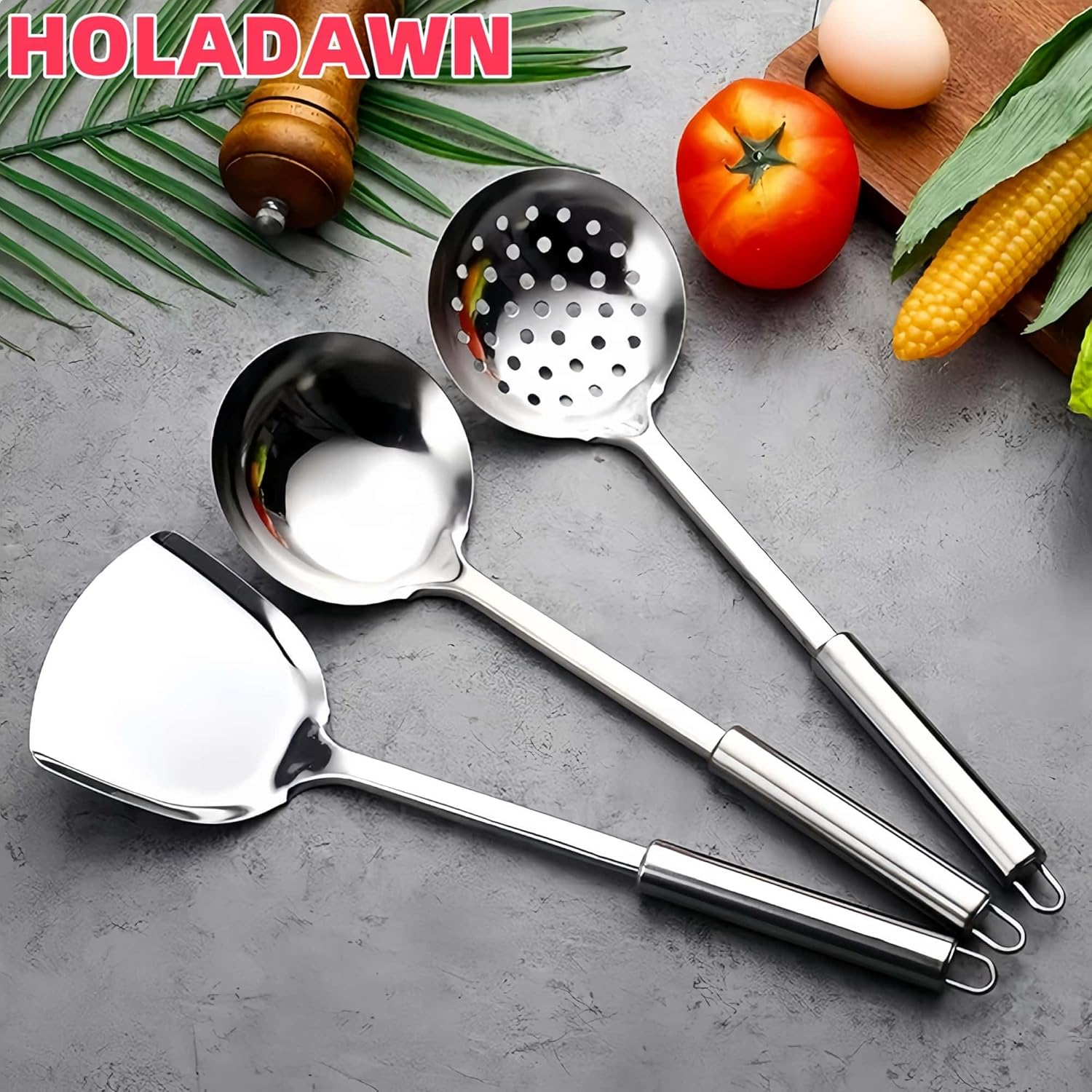 HOLADAWN Stainless Steel Kitchen Cooking Utensil Set - 6 Pcs Premium Serving Utensils with Spatula, Slotted Turner, Soup Ladle, Skimmer Spoon, Pasta Spoon, Serving Spoon image number 6