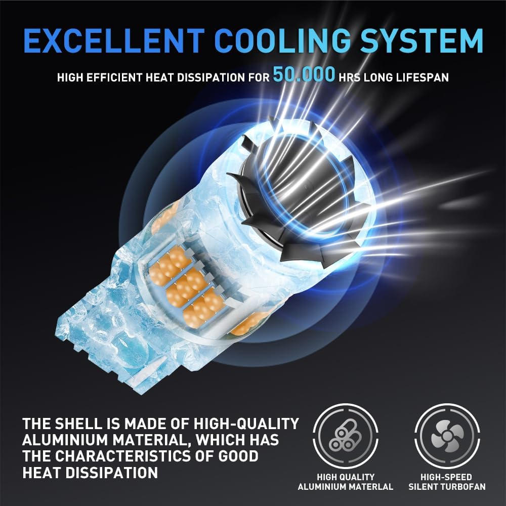 Kaidengzhe 7440 LED Bulb Amber, 12V T20 Turn Signal Lights anti Hyper Flash, 24V W21W 7440 T20 LED Bulb Yellow with Cooling Fan Replacement for Car Truck RV Van Front and Rear Position Light, 2PCS