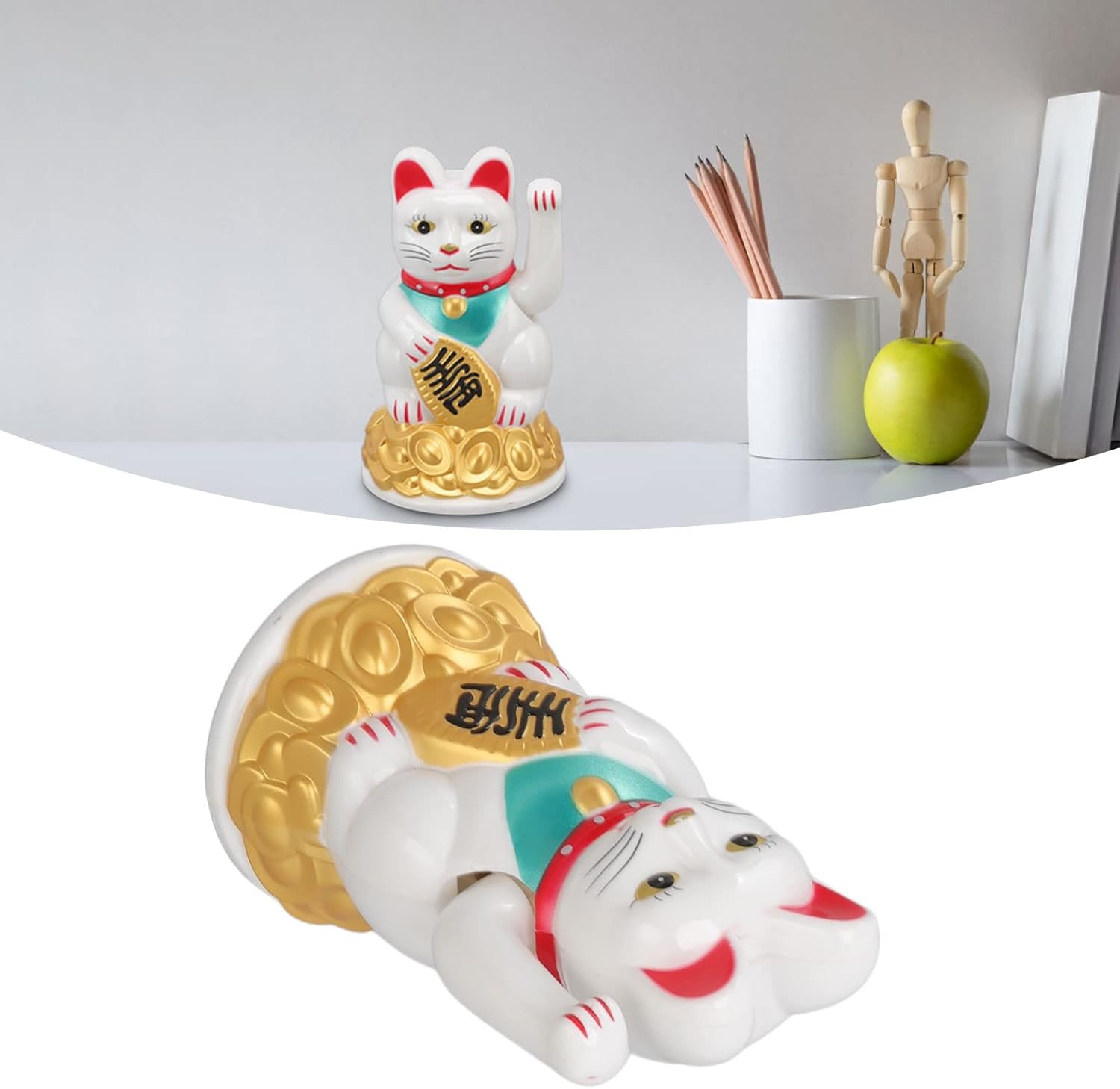 Jiawu Lucky Fortune Cat, Maneki Neko, Feng Shui Lucky Cat Ornament, Battery Operated Gold Fortune Cat Hand Waving Wealth Welcoming Cat Sculpture for Home Decoration Gift Giving (4.5In White)