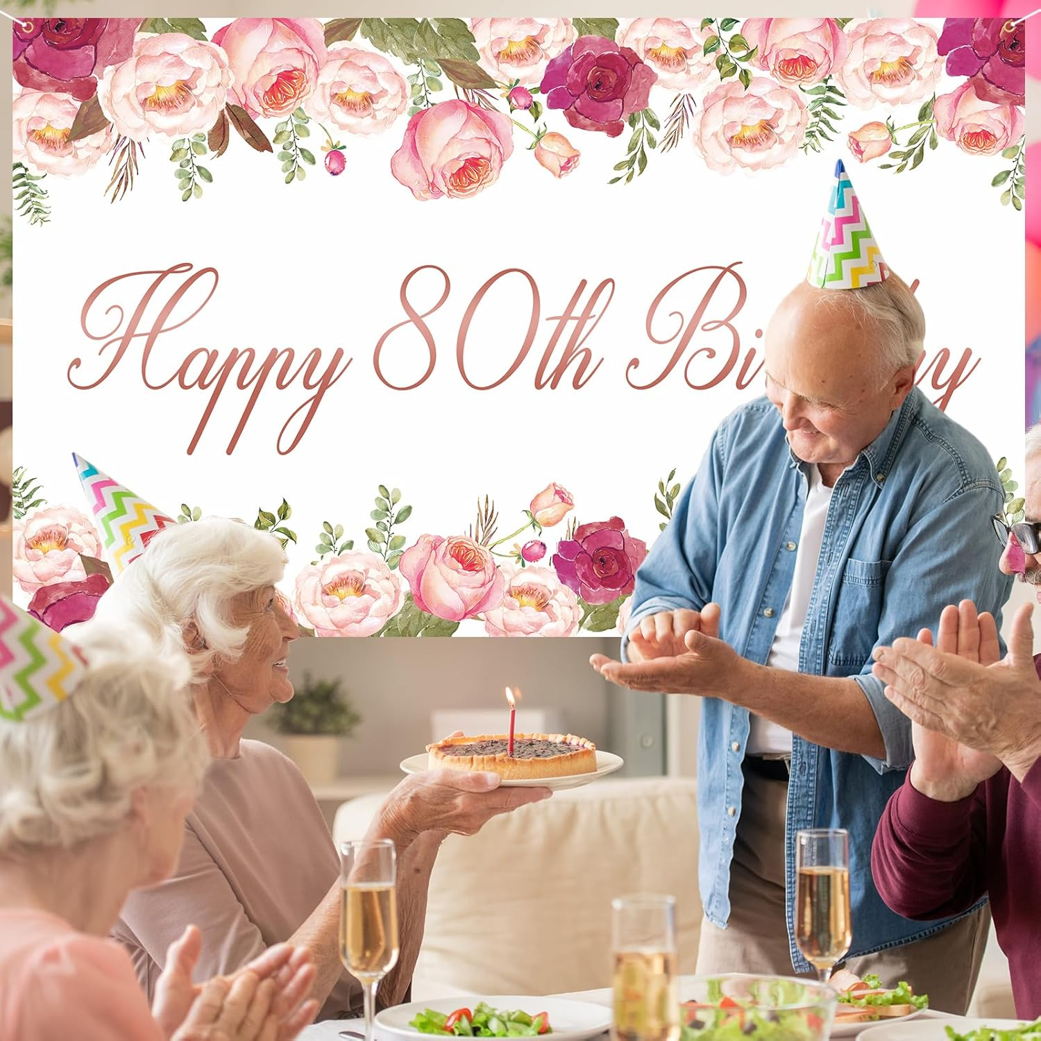Vlipoeasn Elegant White Happy 80Th Birthday Decorations for Women Rose Gold Flower Peony Photography Backdrop for 80Th Birthday Party Surprise for Mother Cheers to 80 Years Old Birthday Party Supplies image number 4