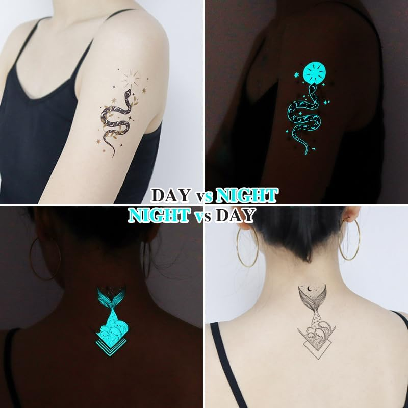 12 Sheets Glow in the Dark Tattoo Sticker Waterproof - Temporary Tattoos - Butterfly Deer Elf Feather Geometric Mermaid Snake Whale - Makeup Body Art Tattoo Sticker Pack for Adults Kids - 10.5X6Cm - Steadyink&reg; image number 2