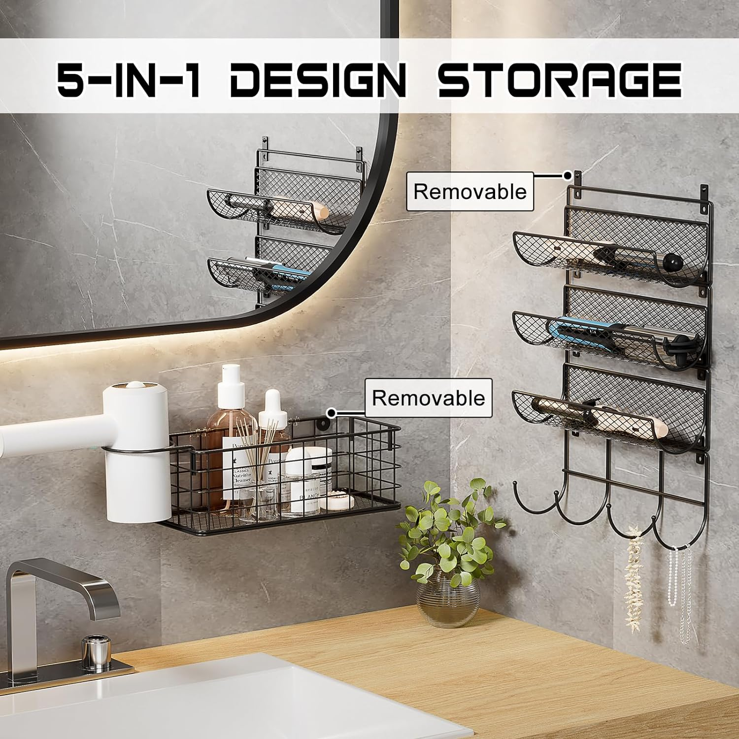 Wall-Mounted Hair Dryer Holder Styling Tool Organizer 4-Shelf Storage Wire Basket with Hook Heat Safe Rack for Hair-Straighteners,Curling Wands,Flat Iron,Perfume,Cabinet Door Bathroom Kitchen - Black-1 Basket  2 Shelf image number 5