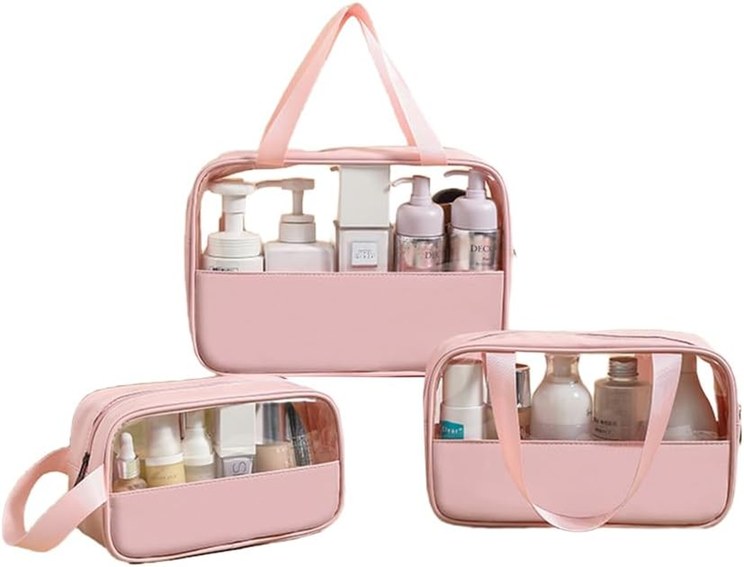 AIMALL 3 PCS PVC Translucent Makeup Bag Set with Reinforced Stitching - Durable - Available in White, Blue, Pink, Black, Yellow