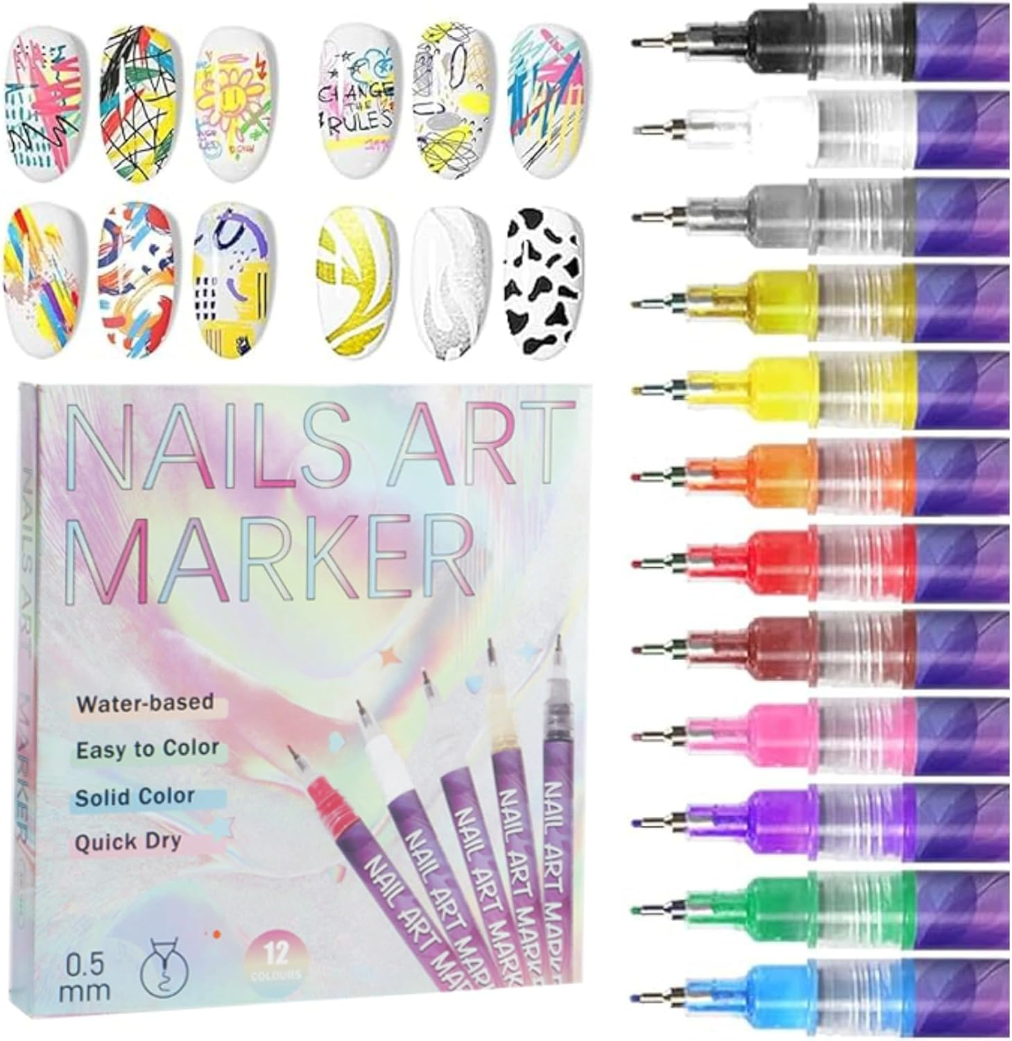 12 Colors Nail Art Pens Set 3D Nail Polish Pens Graffiti Dotting Pen Acrylic Paint Pens Point Liner Pen Drawing Painting for Nails Art Design Manicure Nail DIY Decoration (Basic Style) image number 2
