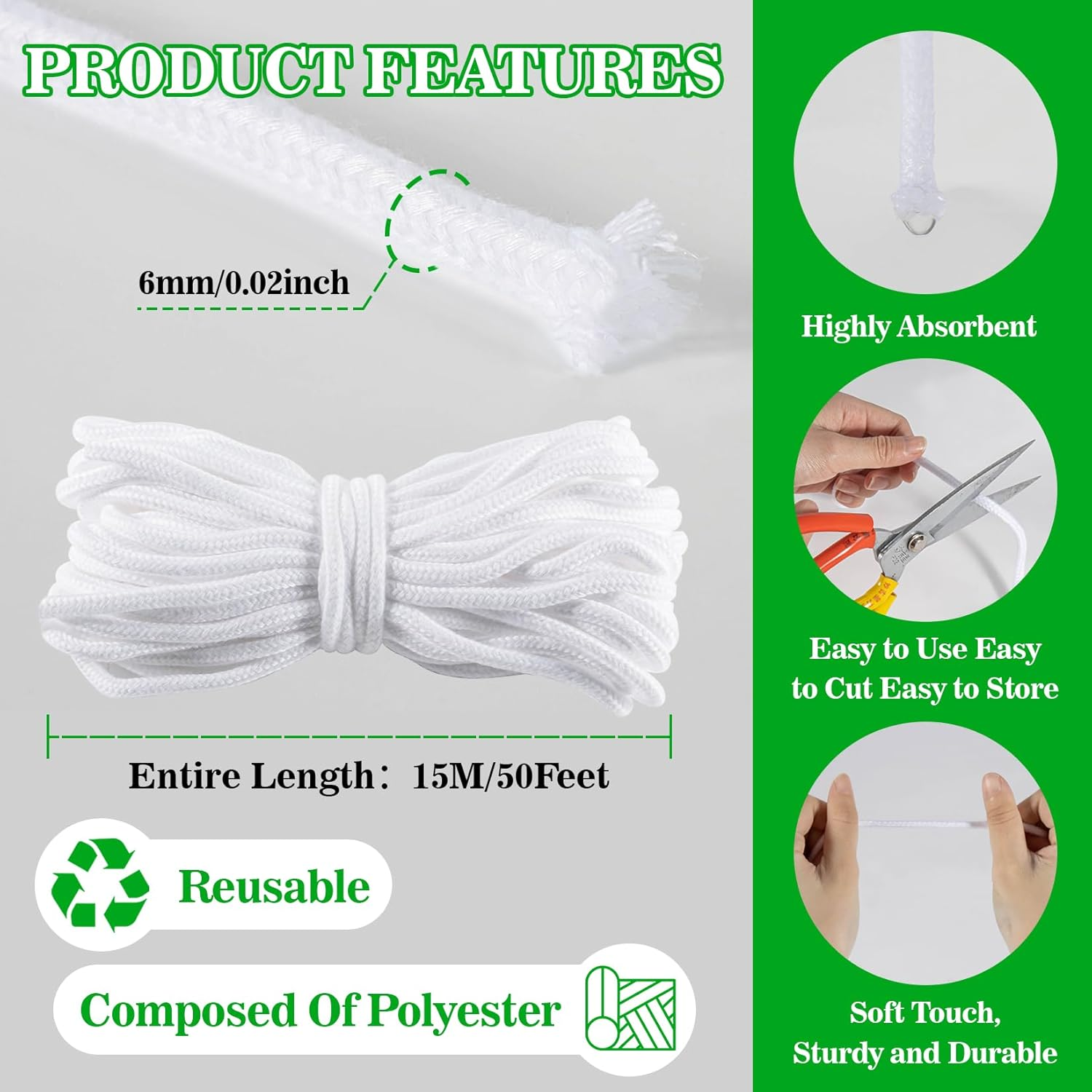 Self Watering Rope - 50 Feet &times; 1/4 Inch Self Watering Rope for Plants Wicking Cord for Garden Wick Rope for Self-Watering System Capillary Wick for Potting Orchid Tomato Plant (50 Feet (1/4 Inch)) image number 2