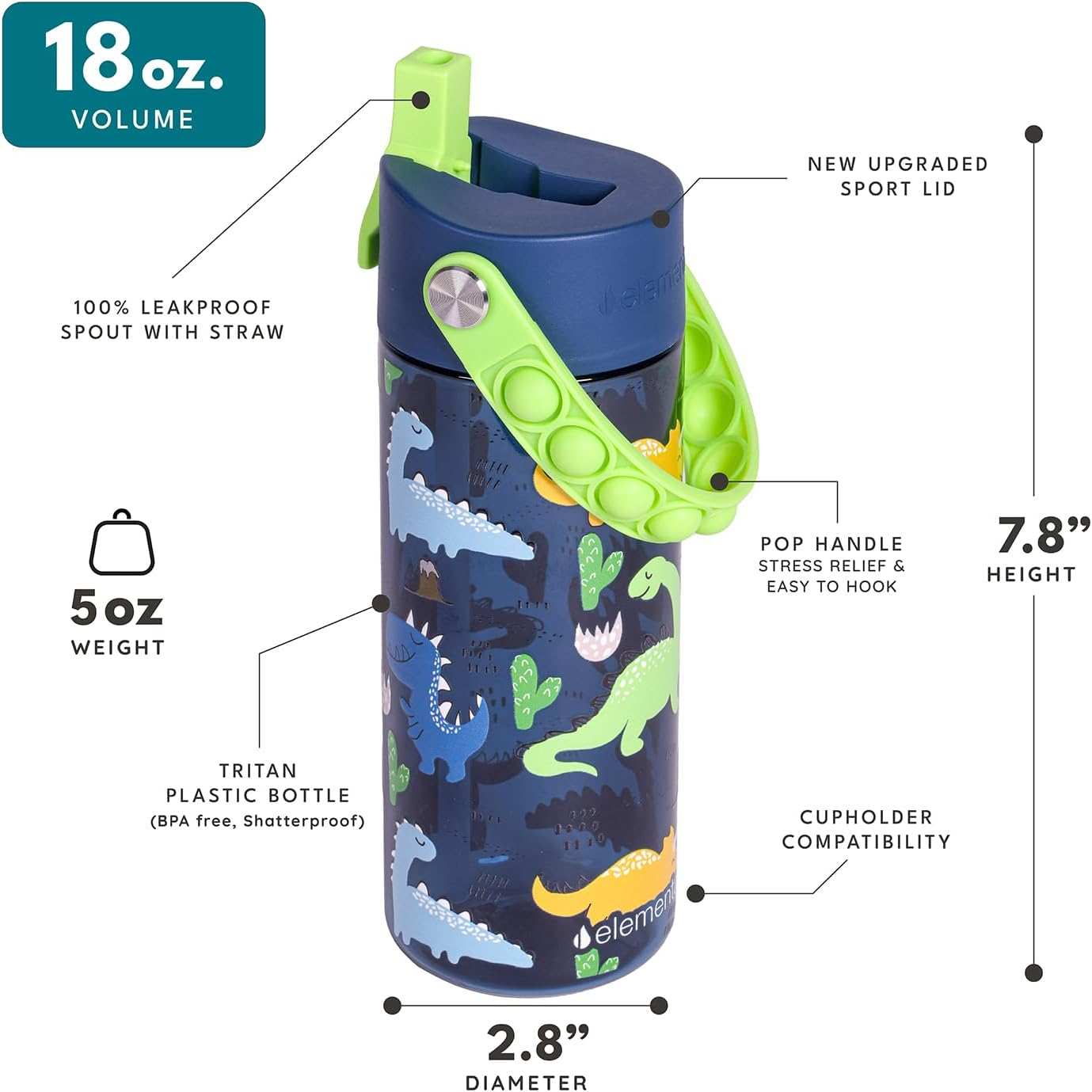 Elemental Kids Water Bottle - Leak Proof School Bottle with Straw & Pop-It Handle - Reusable Plastic Water Bottle - BPA Free, Dishwasher Safe Drink Bottle for Boys & Girls - 532Ml - Dinosaur - Black image number 2