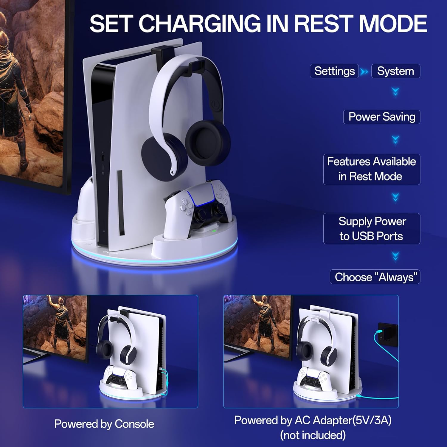 NEWDERY for P 5/Slim/Pro Console Stand, with Dual Charging Station for P 5 Controllers, Adjustable RGB Light, for Playstation 5 Controller Charger Stand - White image number 4