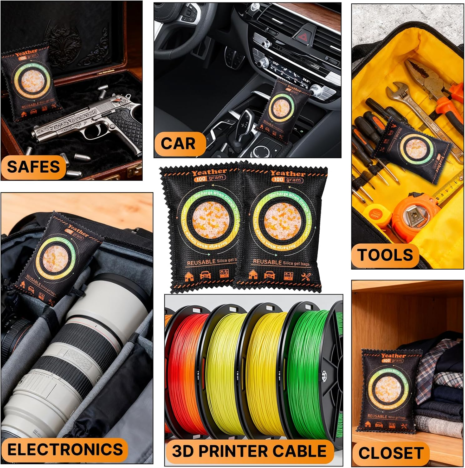 100G [4 Packs] Color Indicating Silica Gel Desiccant Packets, Rechargeable Desiccant - Moisture Absorbers for Bins, Gun Safes, Suitcases, 3D Printing Filaments, Electronics, Cars image number 5