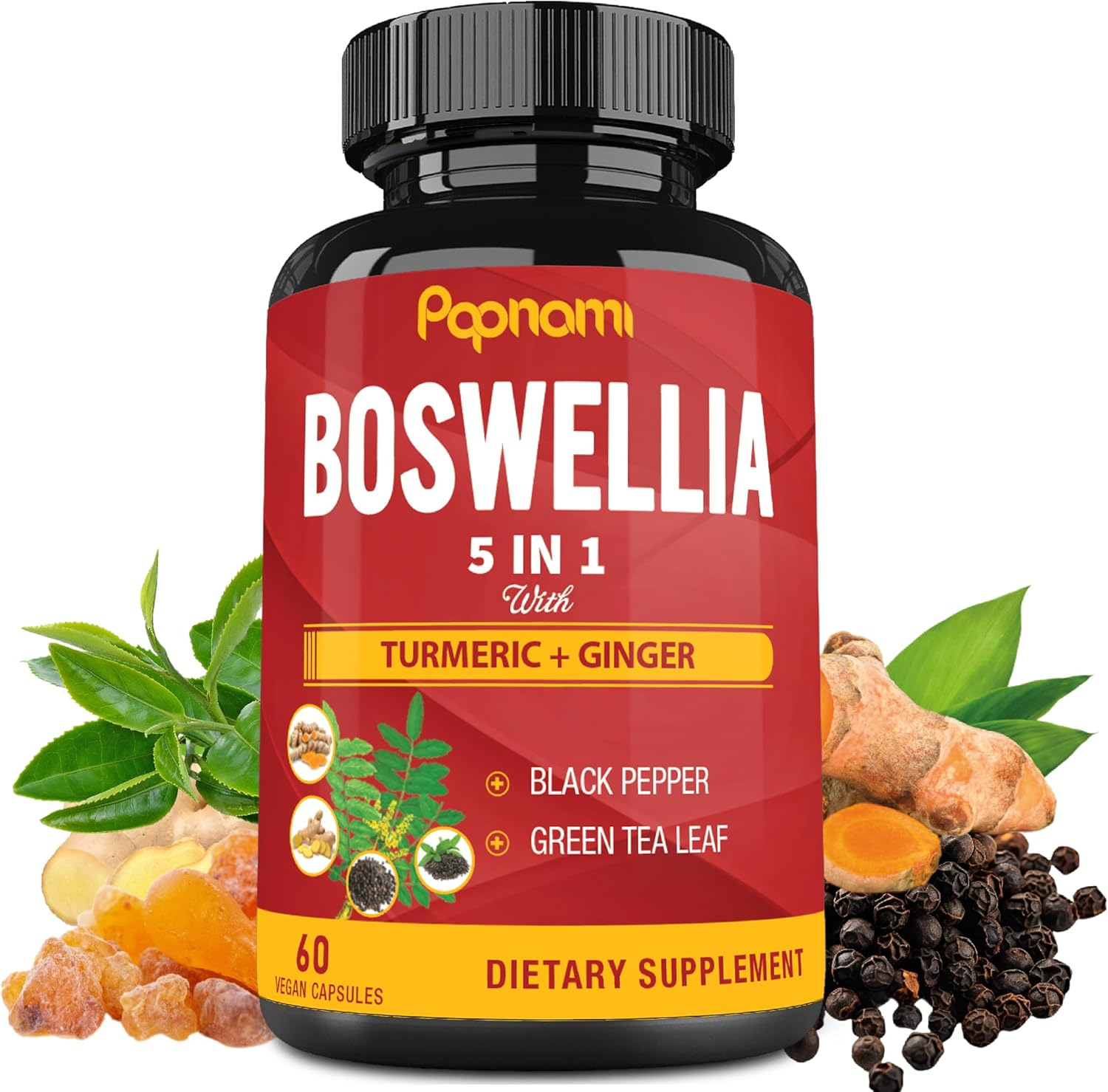 Organic Boswellia Serrata Extract Capsules with Turmeric Curcumin, Ginger, Black Pepper, Green Tea Powder - 60 Vegan Capsules image number 2