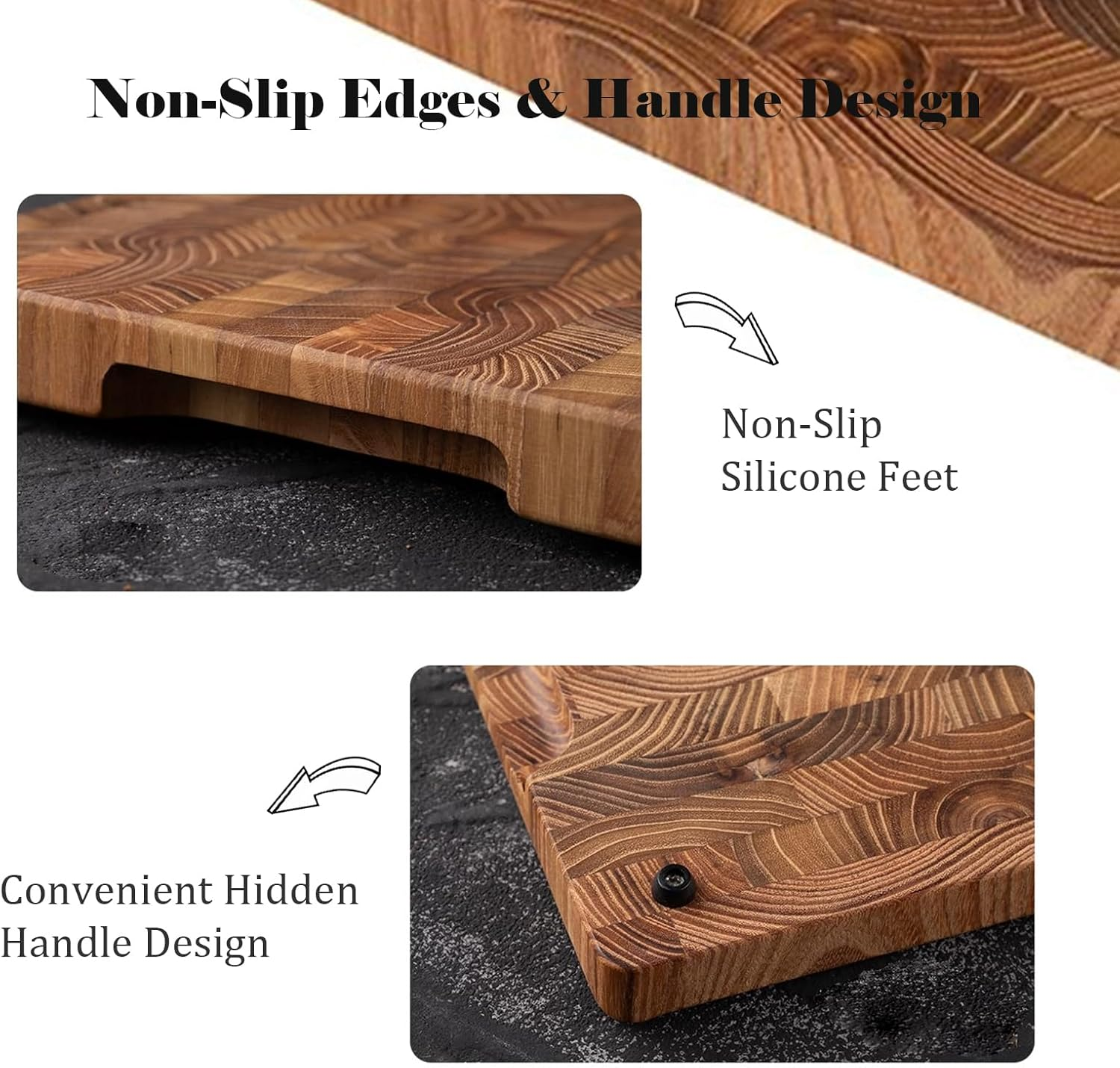 Bierofaro Teak Wood Chopping Board for Kitchen, 40 * 30 * 3 CM End Grain Cutting Board, Wooden Charcuterie Board, Large Butcher Block with Hidden Handles, Reversible, Suitable for Meat, Vegetables image number 3