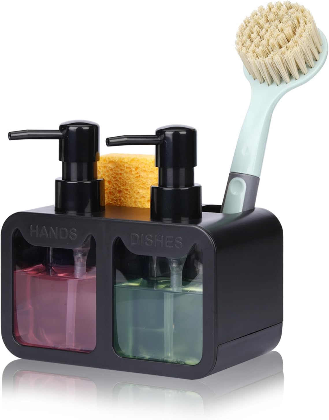 Dish Soap Dispenser for Kitchen Countertop with Sponge Caddy and Brush Holder - Refillable Non-Slip Dual Pump 4-In-1 Dispenser Soap Dispenser for Kitchen Sink, Essential Kitchen Gadgets &ndash; Black image number 1