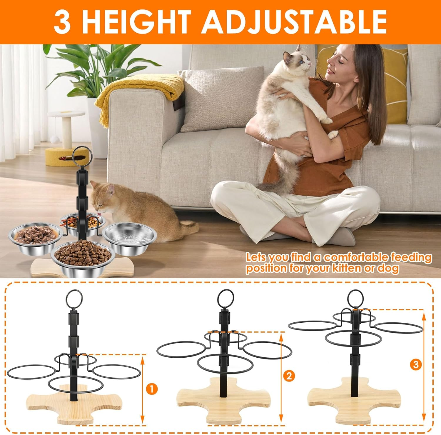 Elevated Cat Bowls with Stand, 3 Height Adjustable Cat Food Bowl, Detachable Pet Feeding Station​ Rack, Portable Pet Bowl Bracket for Small Medium Dog image number 4