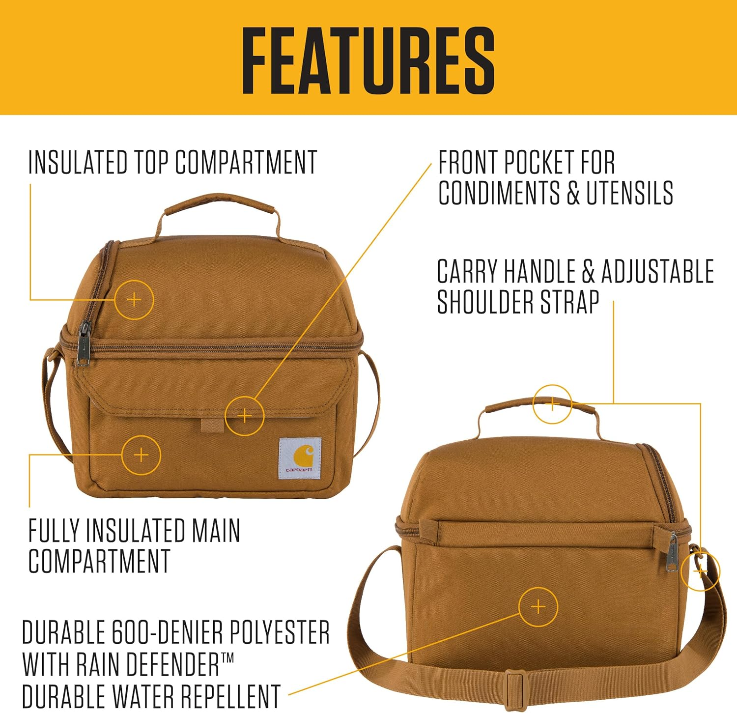 Carhartt Insulated 12 Can Two Compartment Lunch Cooler Tarmac OS - Large Lunchbox (Carhartt Brown) image number 5