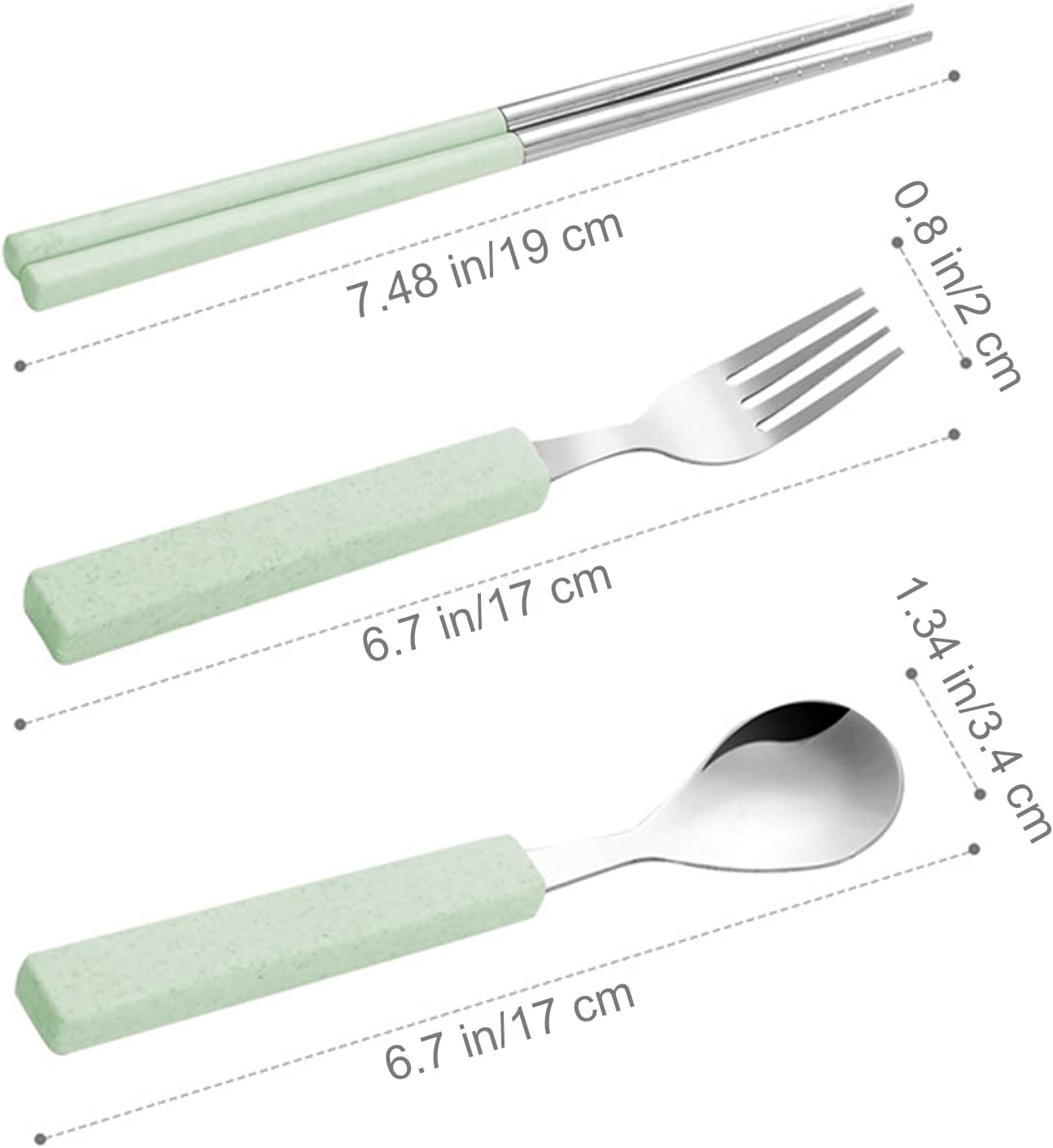 VANRA 3-Piece Children Utensils Set 18/8 Stainless Steel Child Flatware Set Silverware Spoon Fork Chopstick Set with Travel Case for Kids Lunch Box (Green) image number 3