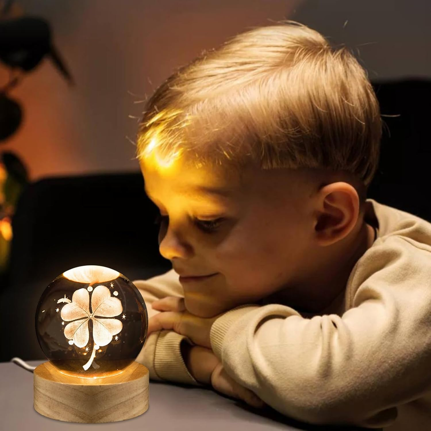 3D Crystal Ball Night Light, 60 Mm Four-Leaf Lucky Charm Clover Crystal Ball, Glass Ball Lamp Decoration with Wooden Base, Christmas Gifts Night Light for Children for Christening, Birthday image number 2