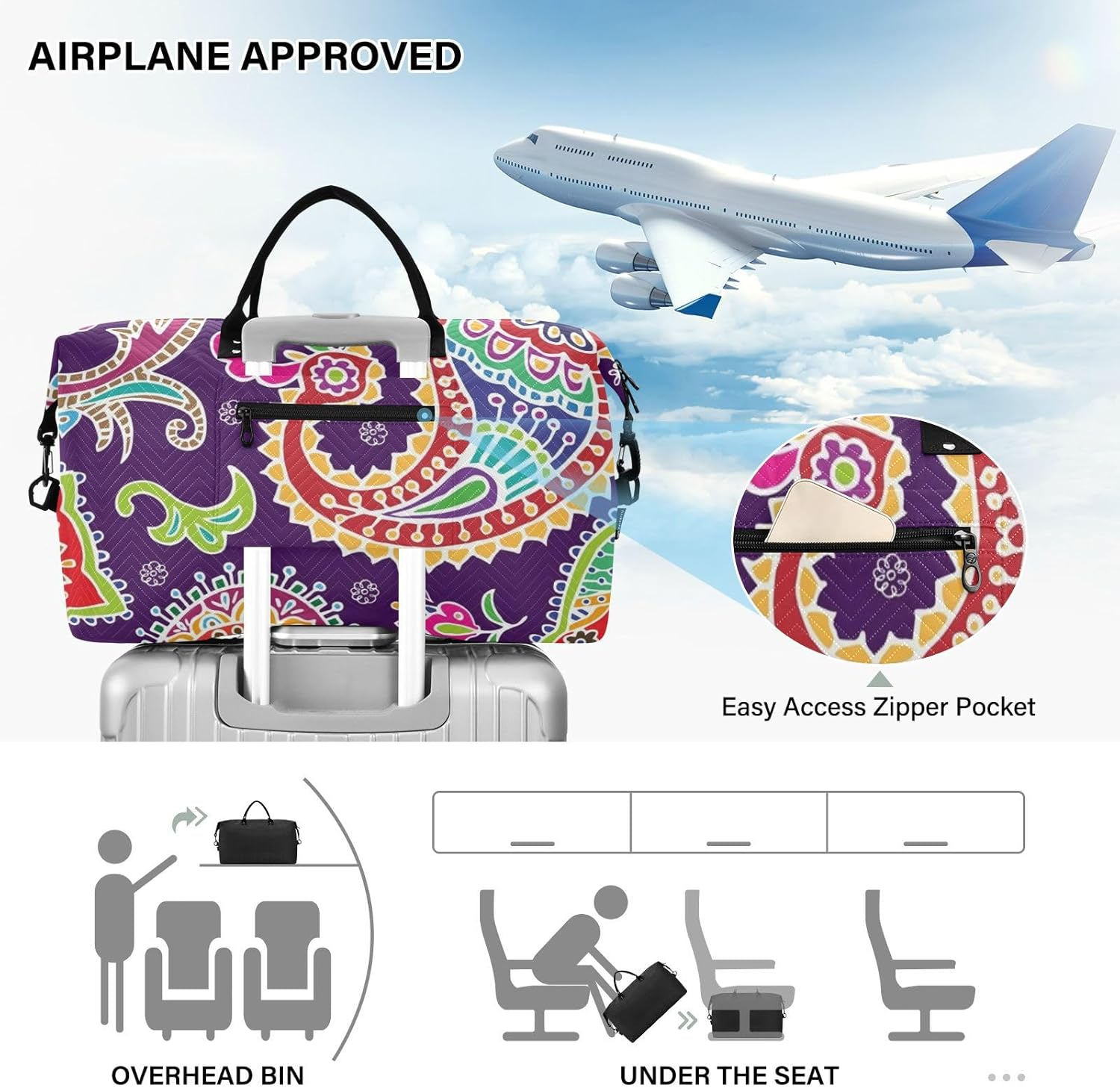 Ethnic Style Paisley Cashew Flower Ham Tattoo Personal Item Travel Bag Travel Weekender Gear Bag Sports Duffel Bags with Adjustable Strap for Sports Large Capacity, Ethnic Style Paisley Cashew Flower image number 3