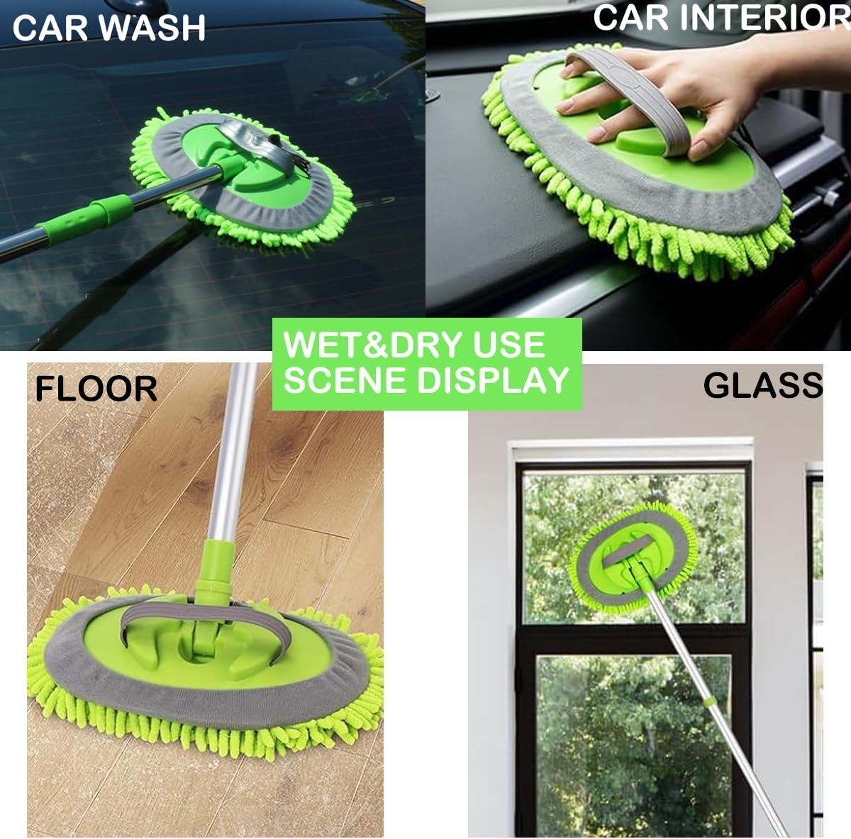 Car Wash Brush Kit Mitt Mop Sponge with Long Handle Chenille Microfiber Car Cleaning Brush Kit Supplies Car Washing Mop Kit Car Care Kit of Scratch-Free Replacement Head for Car RV Truck