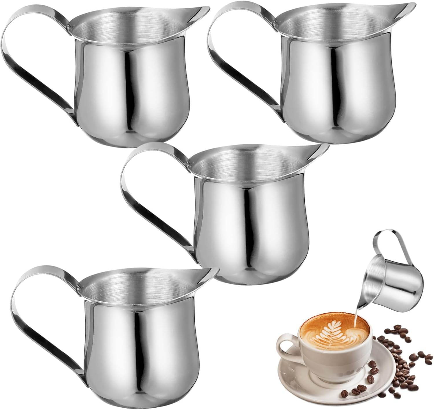 4Pcs Stainless Steel Milk Cups Small Espresso Shots Pitcher for Coffee Frothing Latte Art Serving Condiments Stylish Creamer for Home Bar image number 3