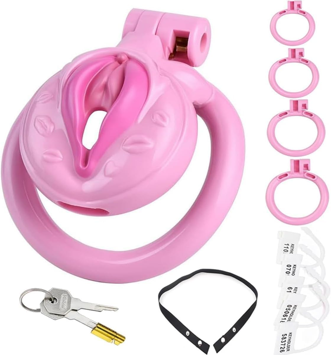 Male Inverted Negative Sissy Chastity Cage with 4 Rings Set, Small Men Flat Chastity Device Lock, Realistic Pussy Cage Design, BDSM Bondage Adults Sex Toys for Gay Couples (Pink)