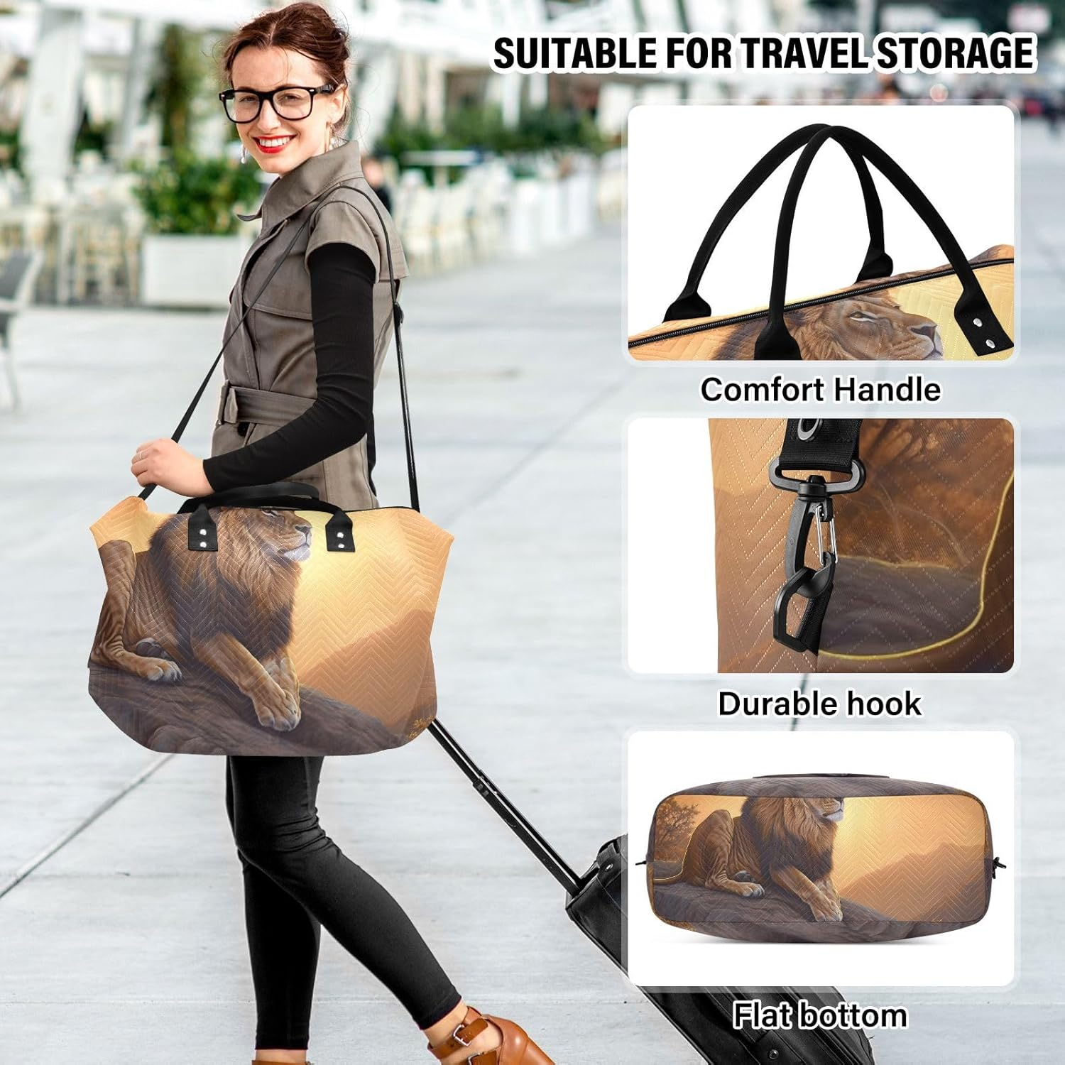 XYMZR Large Travel Duffel Bag, Lion Rock Sports Tote Gym Bag, Shoulder Weekender Overnight Bag for Women Men, Carry on Luggage with Toiletry Bags, Multi-Colored, Multi-Colored image number 5