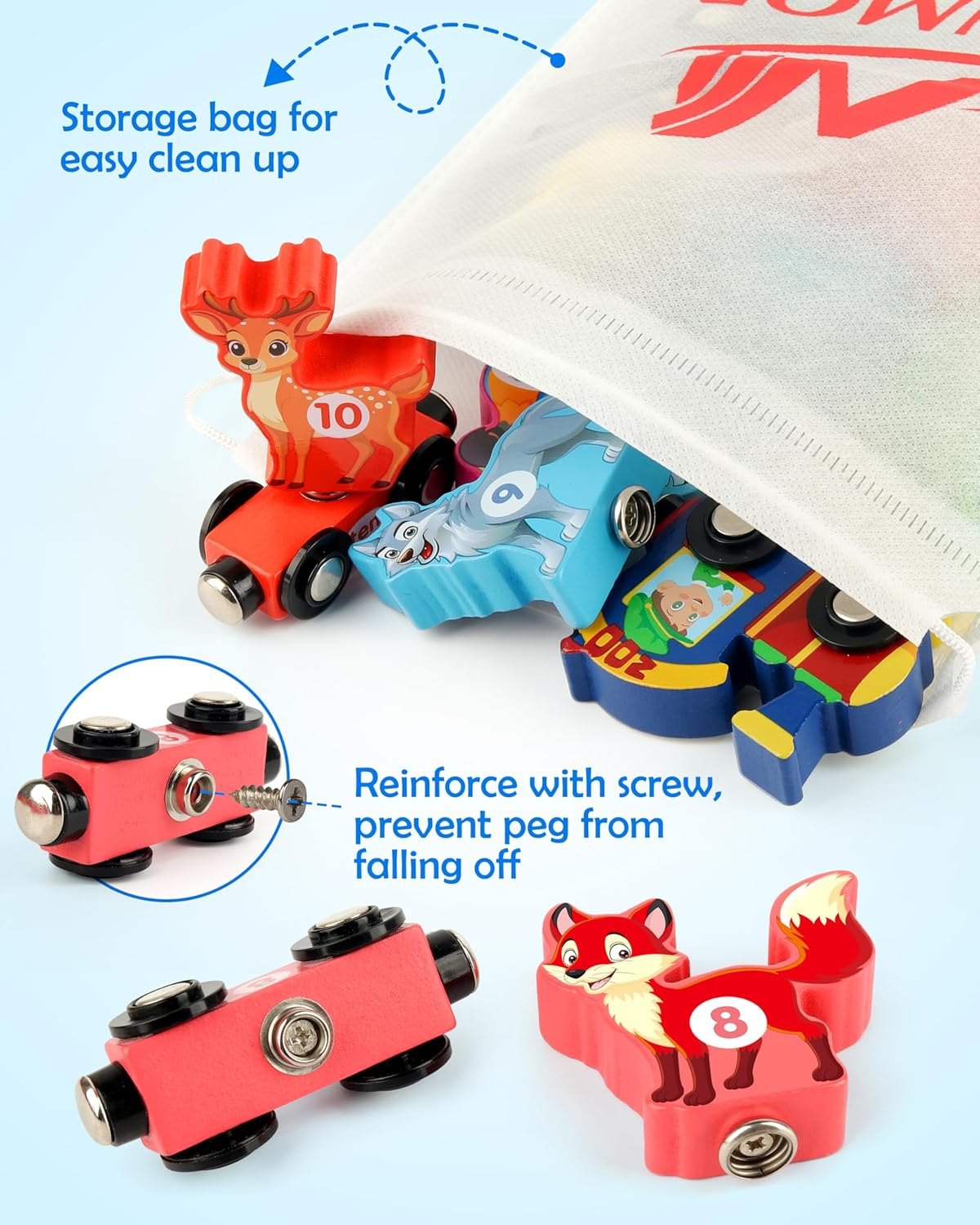 Vanmor Wooden Train Set with Animal Toys, Snap-Connection Animal Train, Matching and Magnetic Number Trains Learning Toys, Fine Motor Skill Educational Toy Gift Aged 3 4 5 Years Old Kids